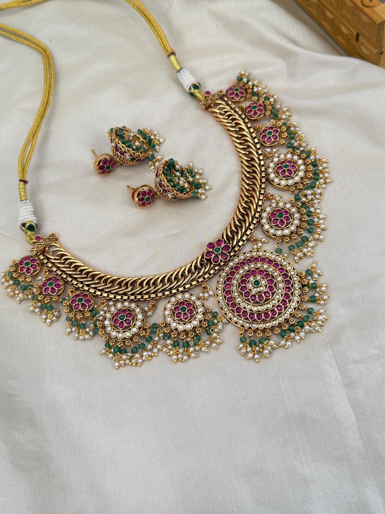 Luxurious Antique Short Guttapusalu Necklace Set 636 - Mahilas