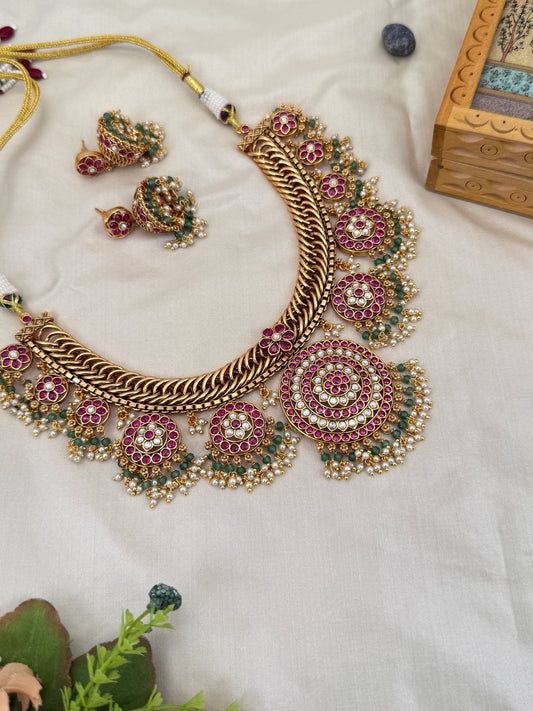 Luxurious Antique Short Guttapusalu Necklace Set 638 - Mahilas