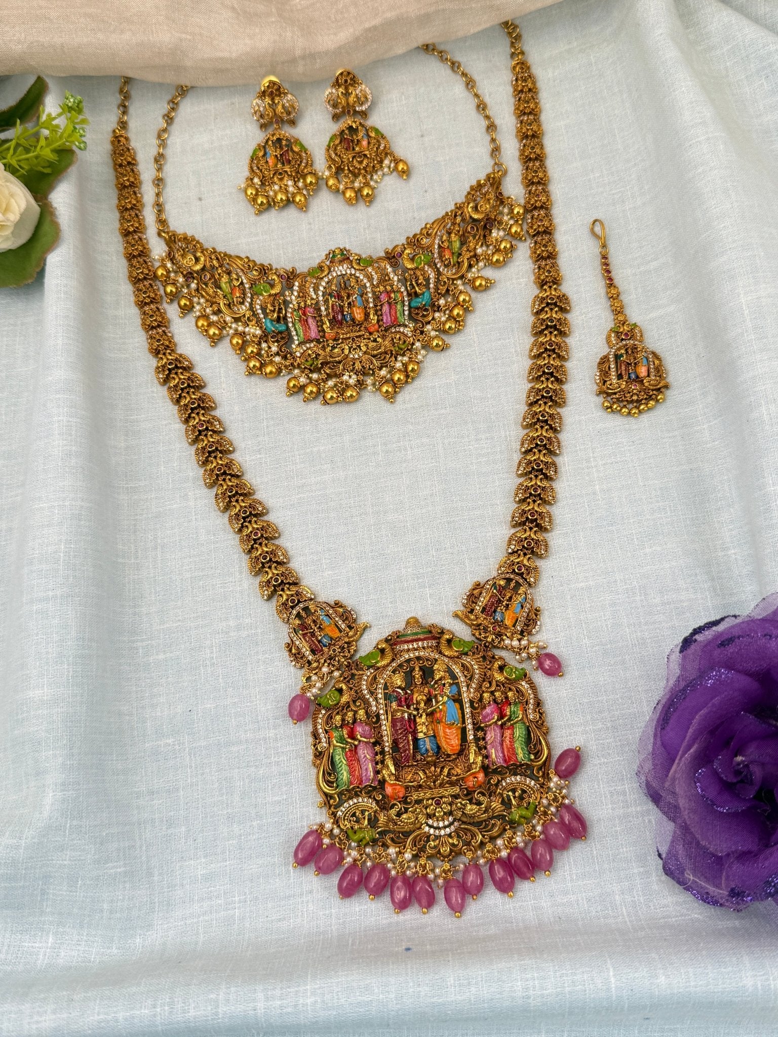 Luxurious Antique Srinivasa Kalyana Hand Painted Bridal Necklace Set 0595 - Mahilas