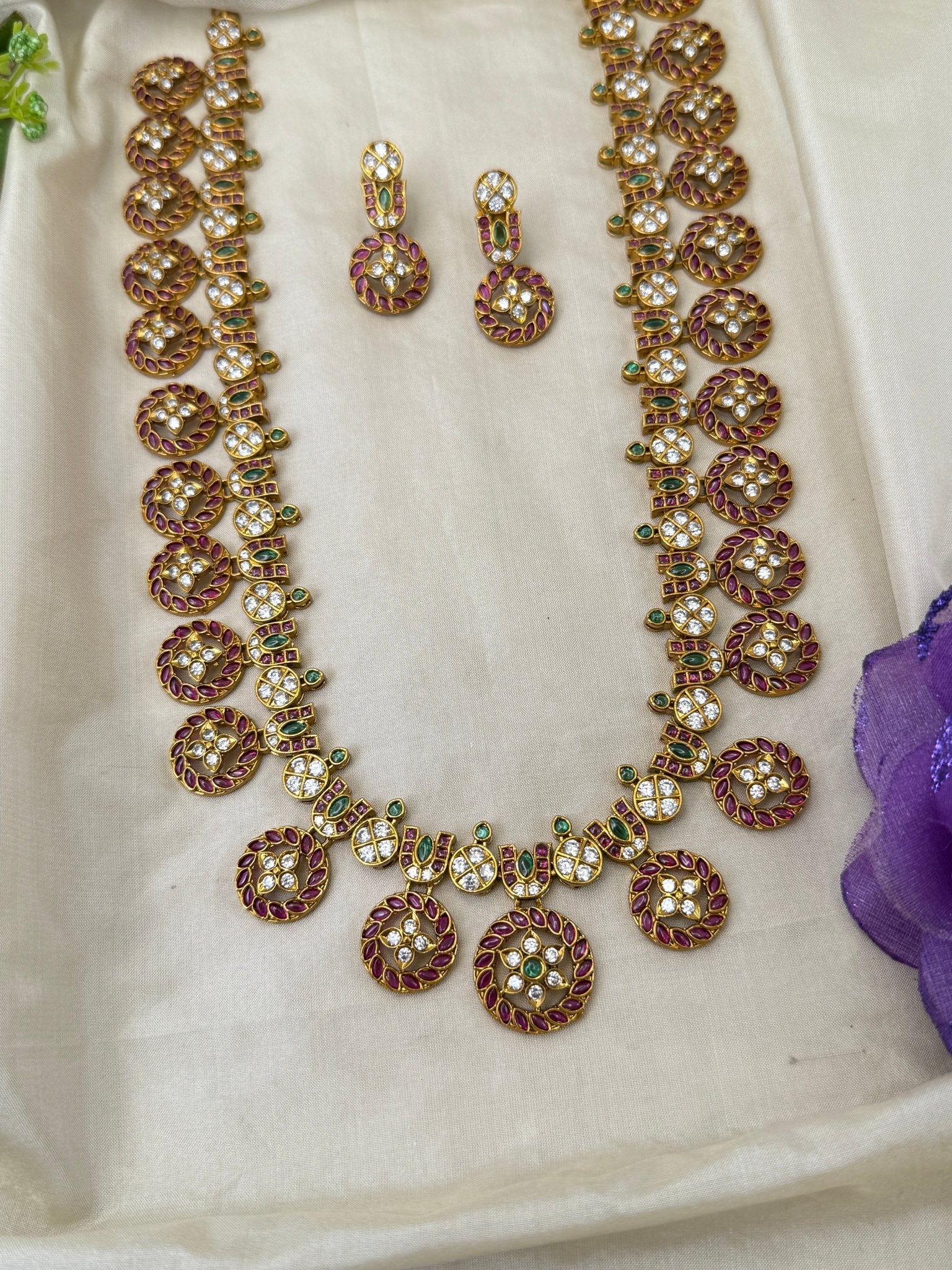 Luxurious Antique Stone Bottumala Long Necklace Set 0476 - Mahilas