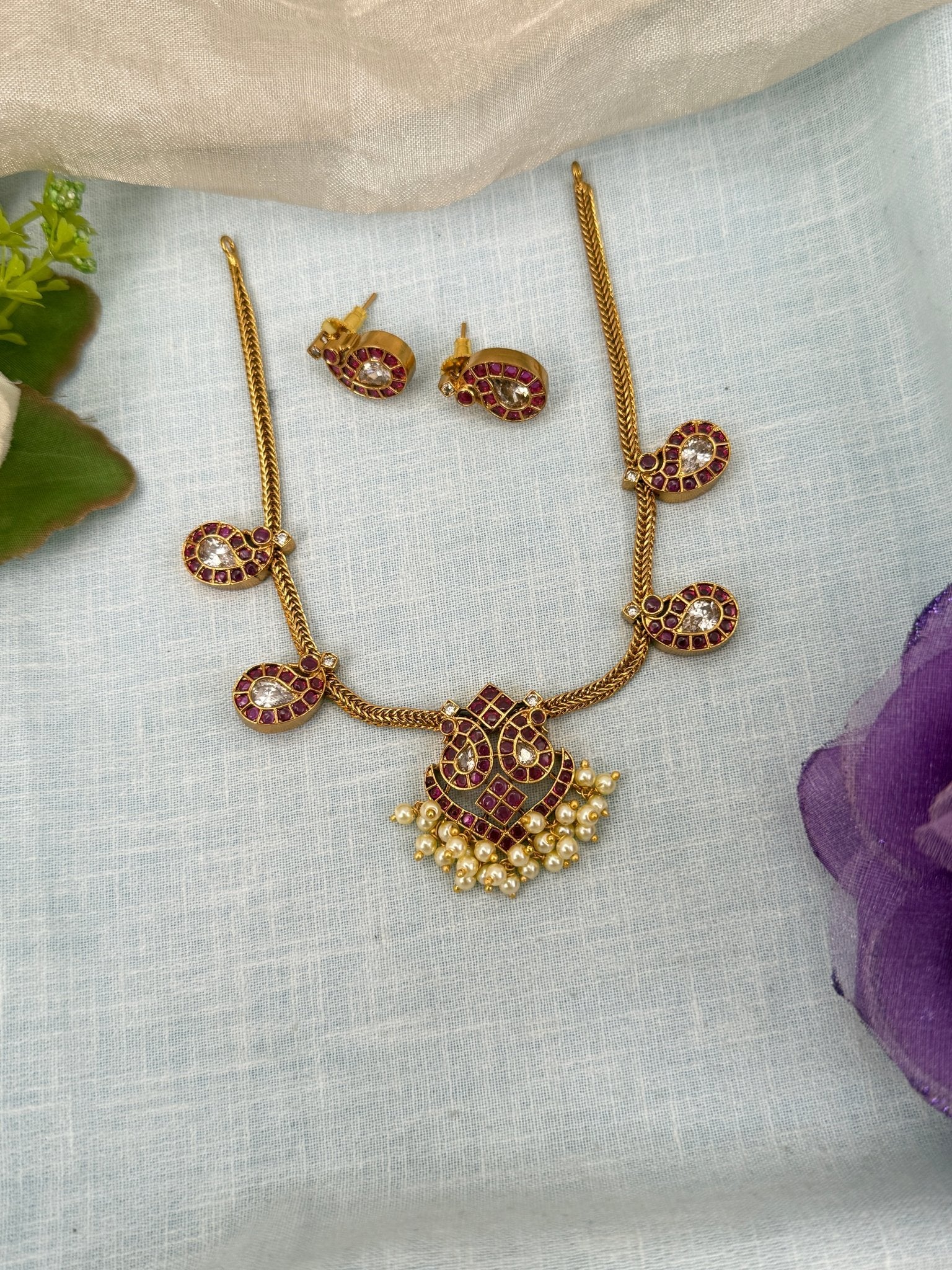 Luxurious Antique Stone Choker Necklace Set 0643 - Mahilas