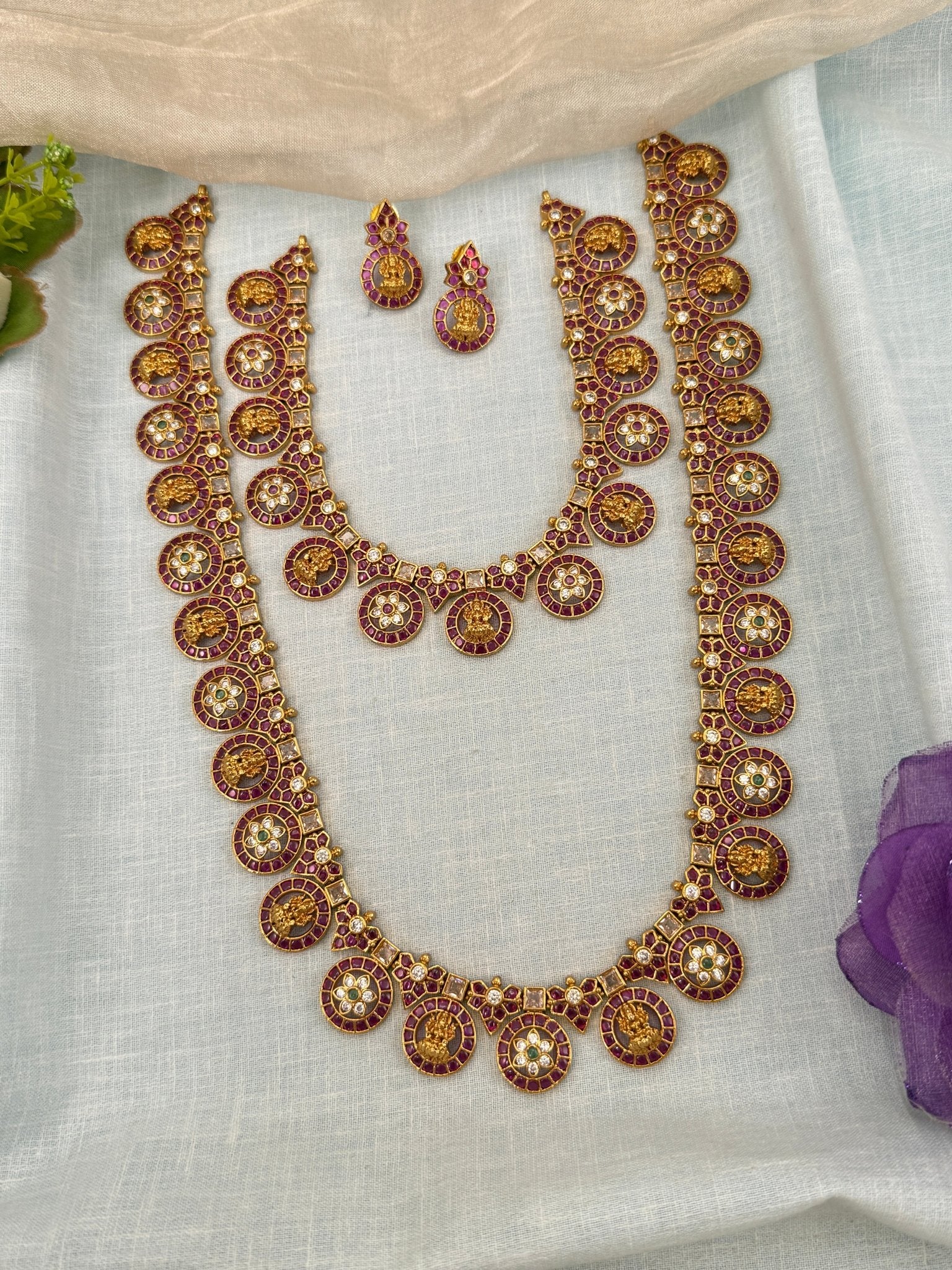 Luxurious Antique Stone Lakshmi Bottumala Bridal Necklace Set 0644 - Mahilas