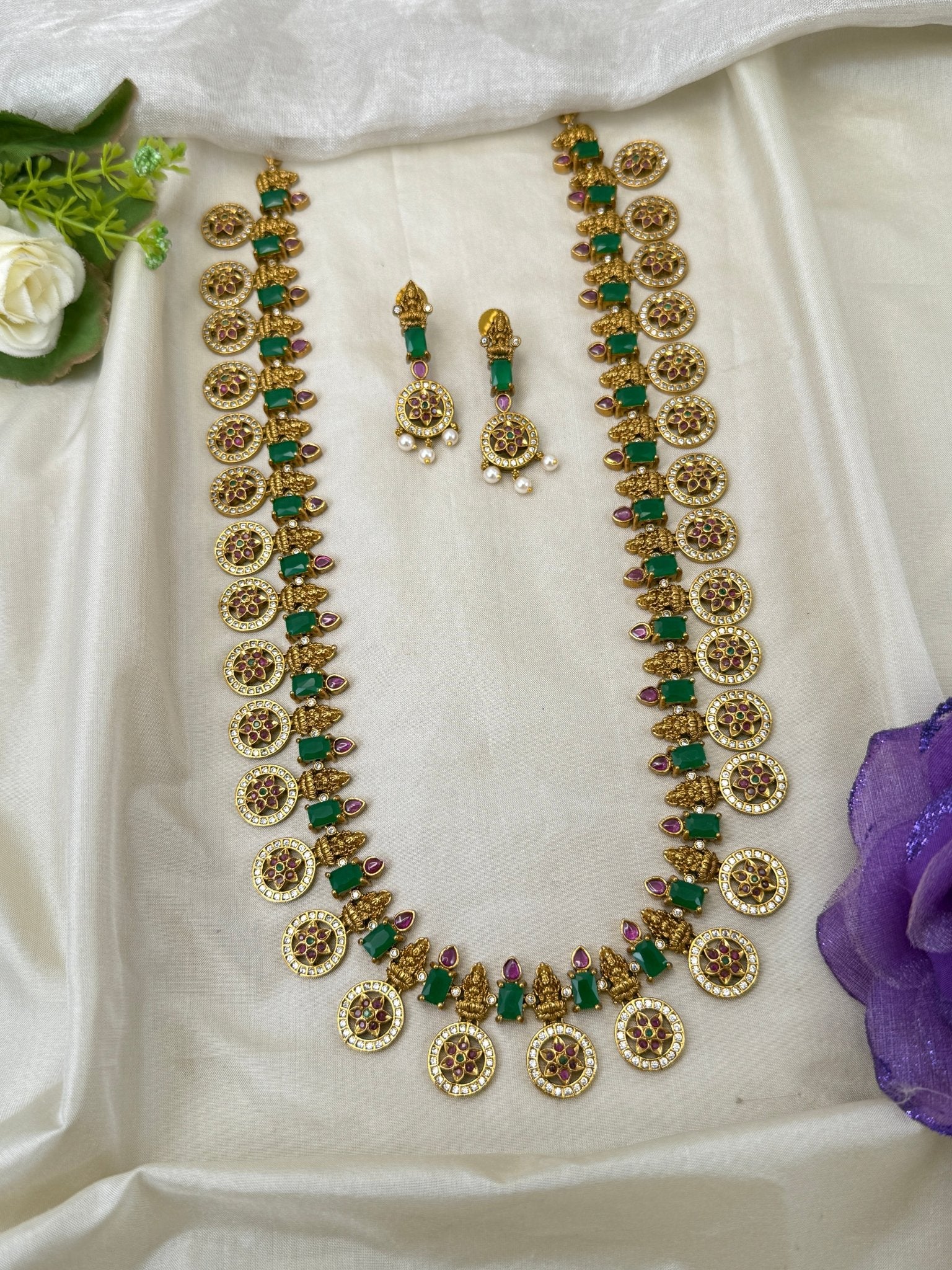 Luxurious Antique Stone Lakshmi Long Necklace Set 0475 - Mahilas