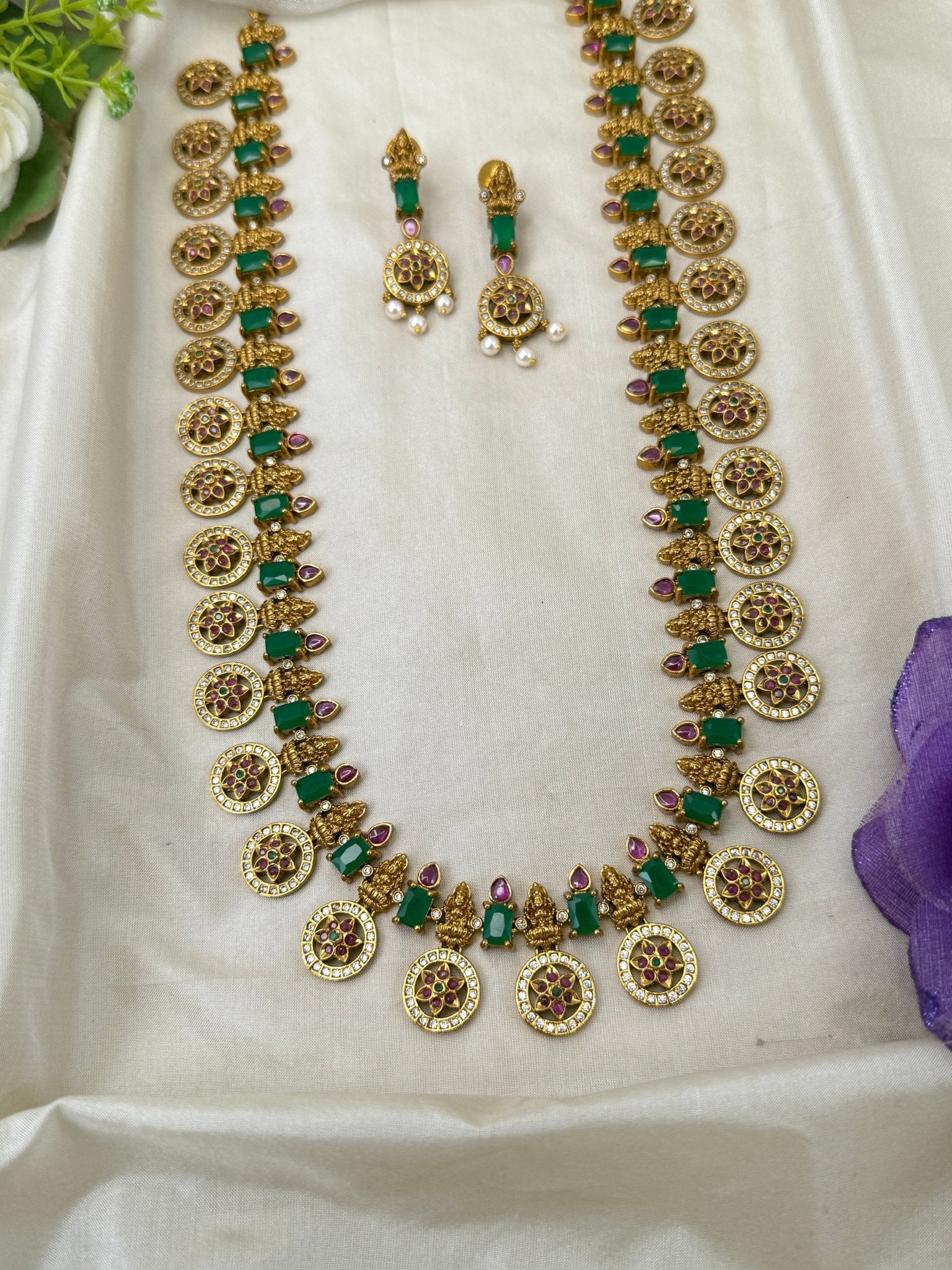 Luxurious Antique Stone Lakshmi Long Necklace Set 0475 - Mahilas