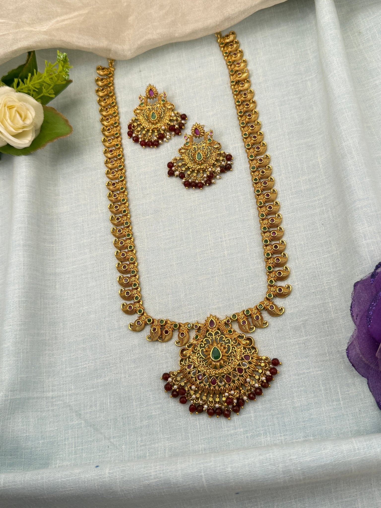 Luxurious Antique Stone Long Necklace Set 0683 - Mahilas