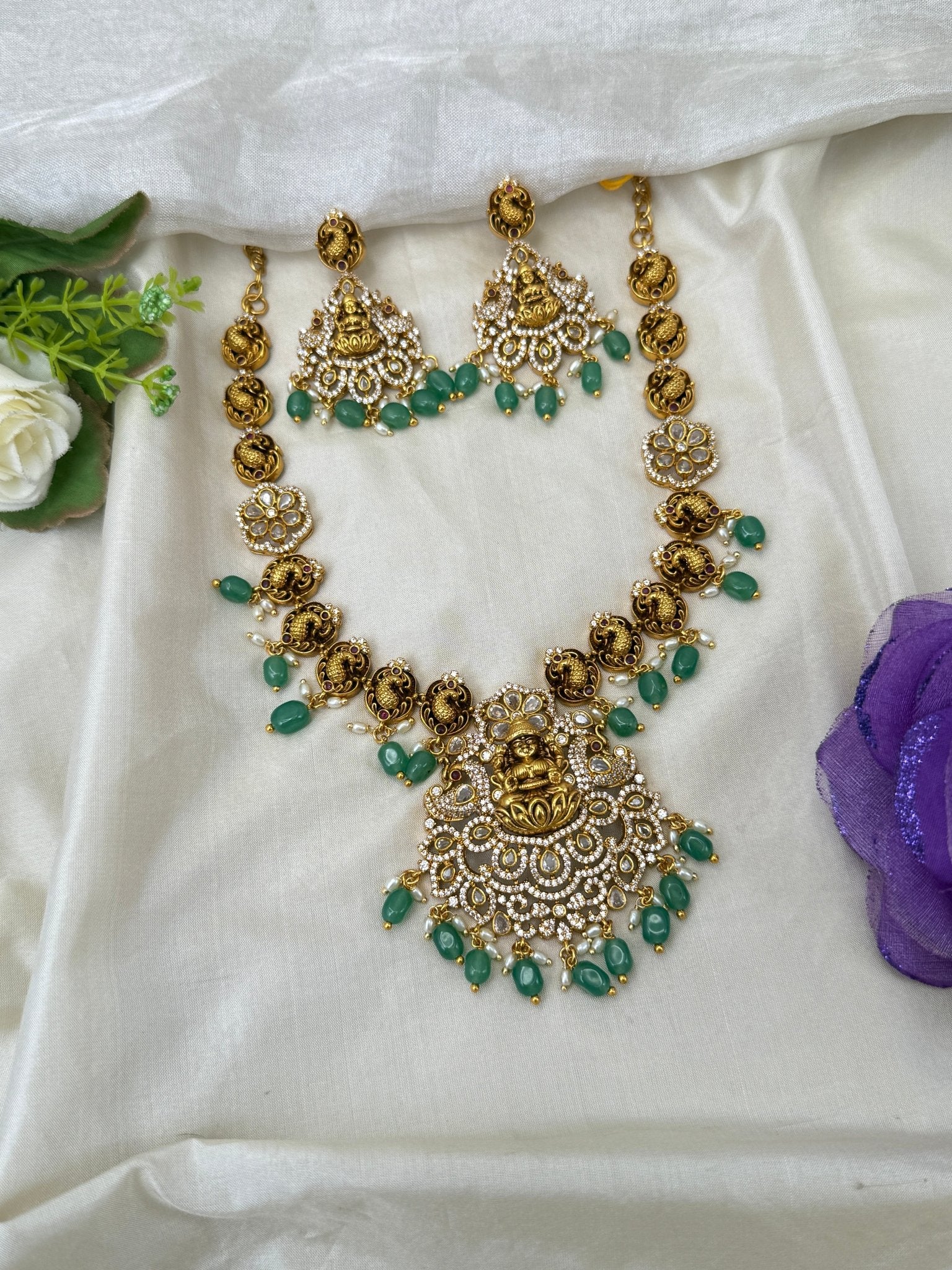 Luxurious Antique Stone Peacock Lakshmi Mid Long Necklace Set 0474 - Mahilas