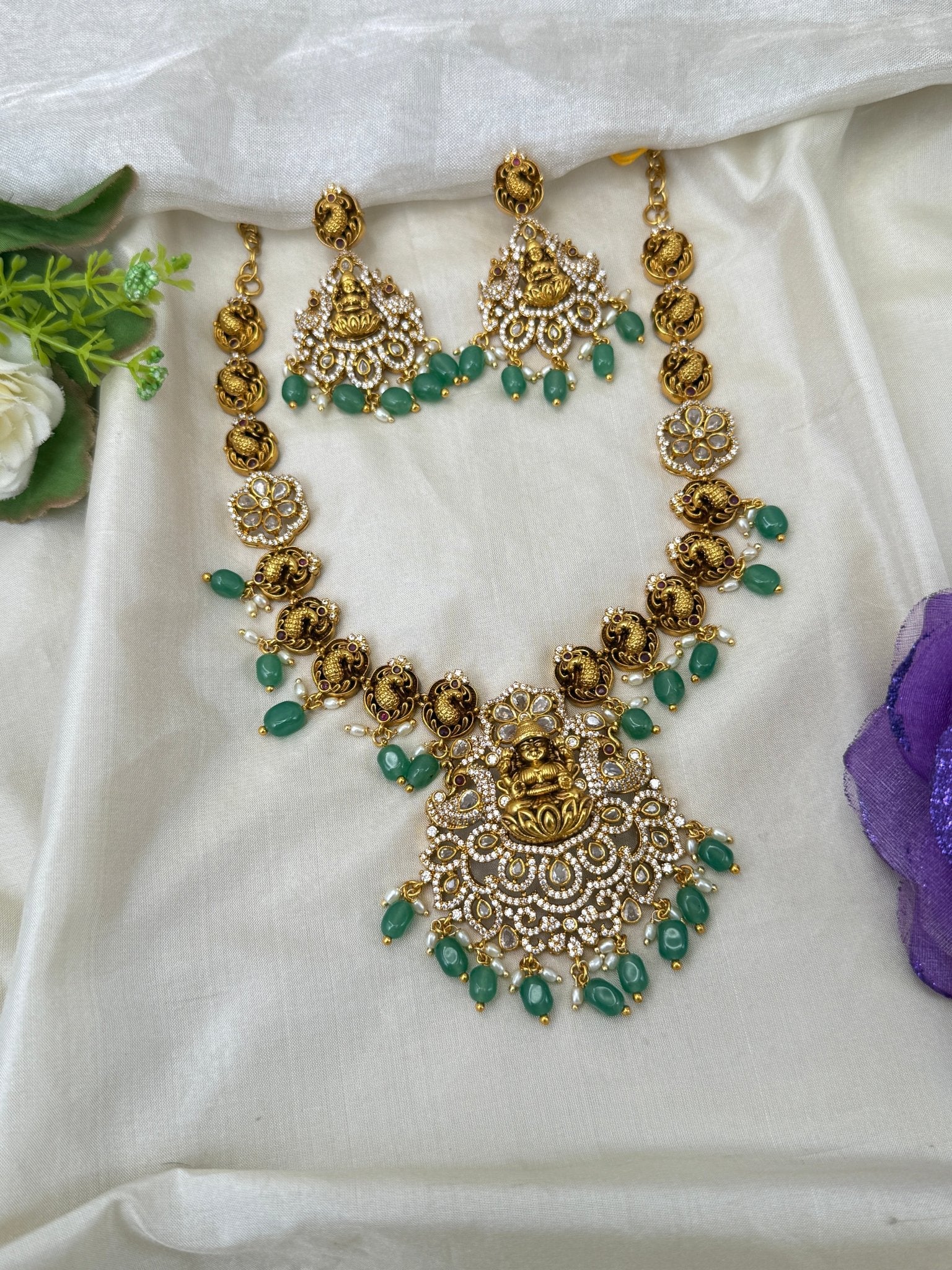 Luxurious Antique Stone Peacock Lakshmi Mid Long Necklace Set 0474 - Mahilas
