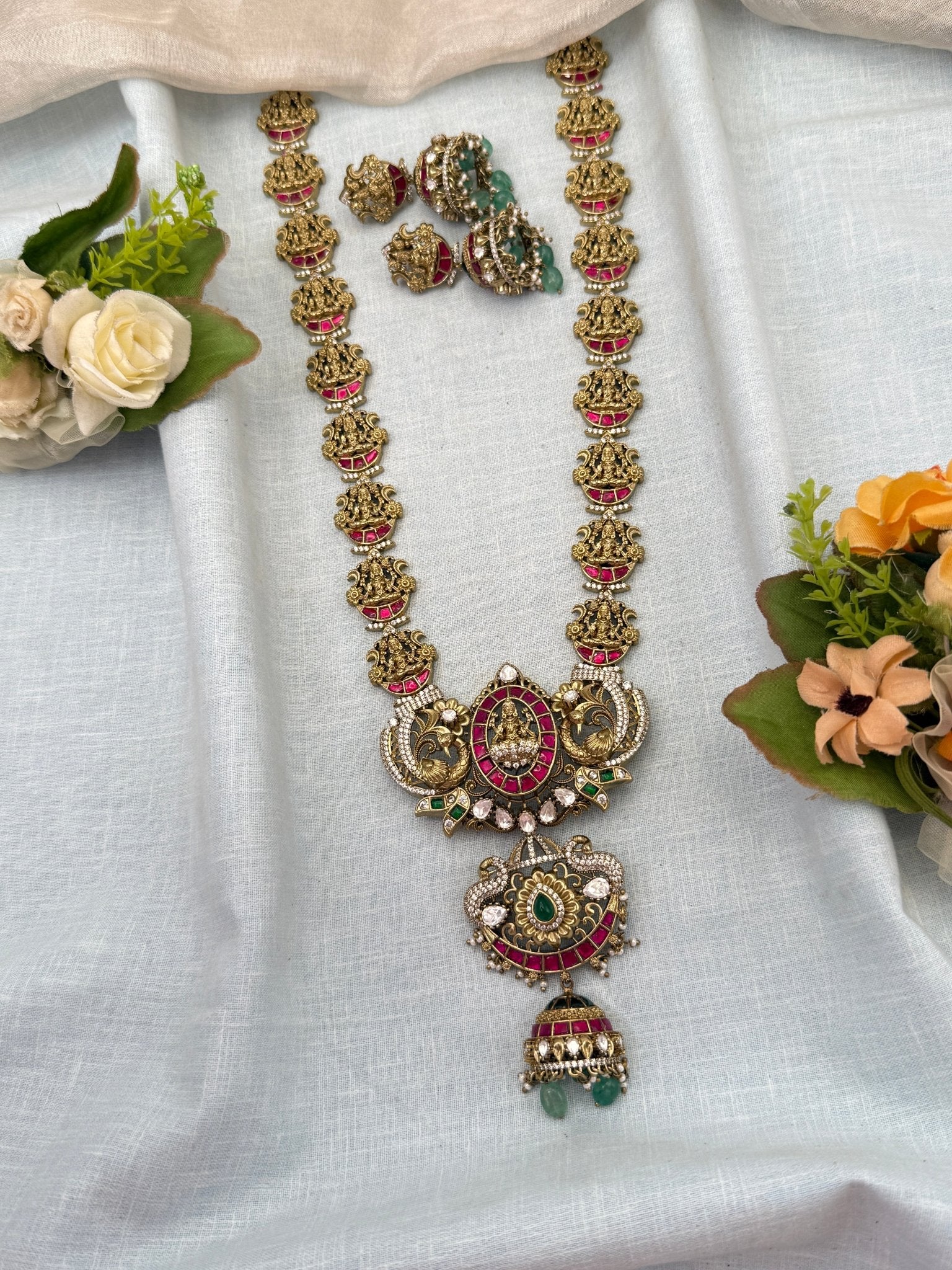 Luxurious Antique Stone Pendant Long Necklace Set 0710 - Mahilas