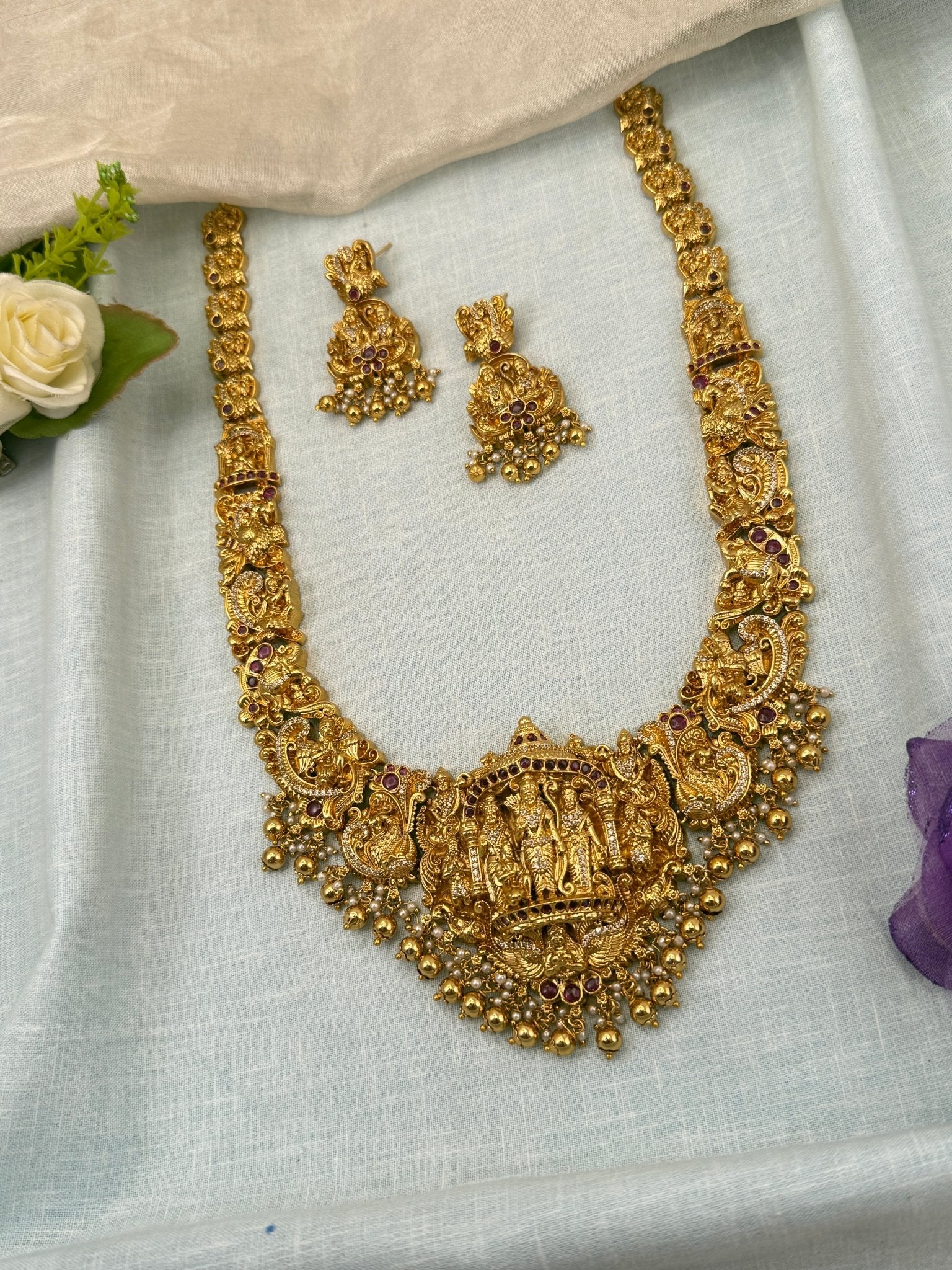 Luxurious Antique Stone Ram Parivar Necklace Set 0681 - Mahilas