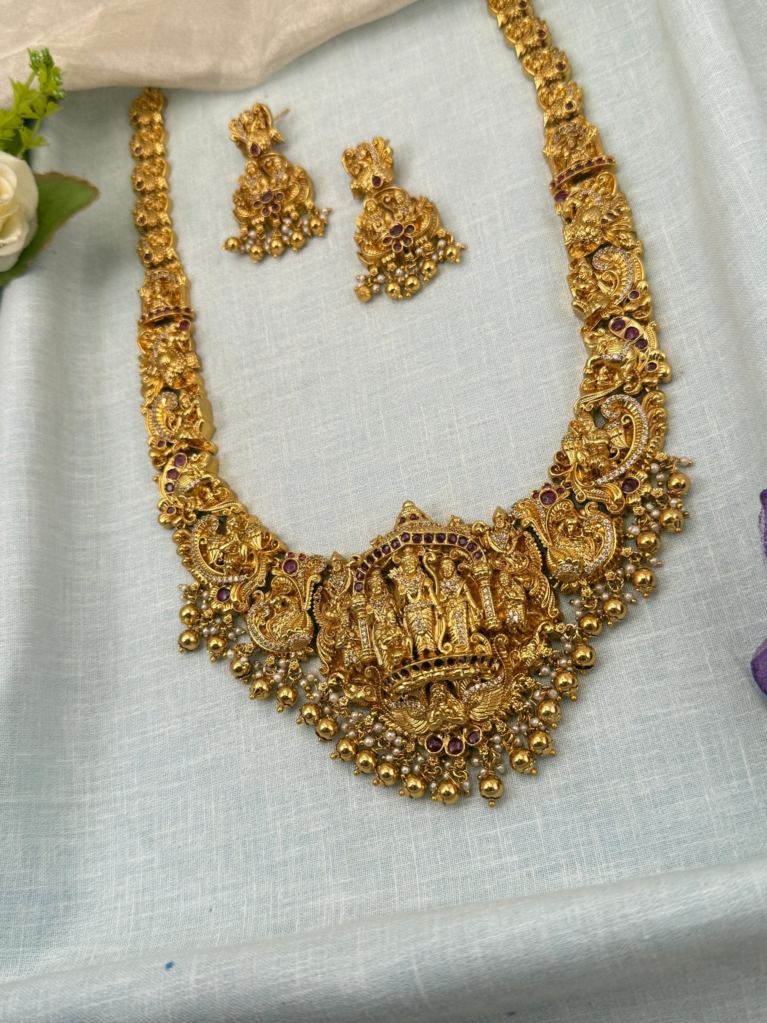 Luxurious Antique Stone Ram Parivar Necklace Set 0681 - Mahilas