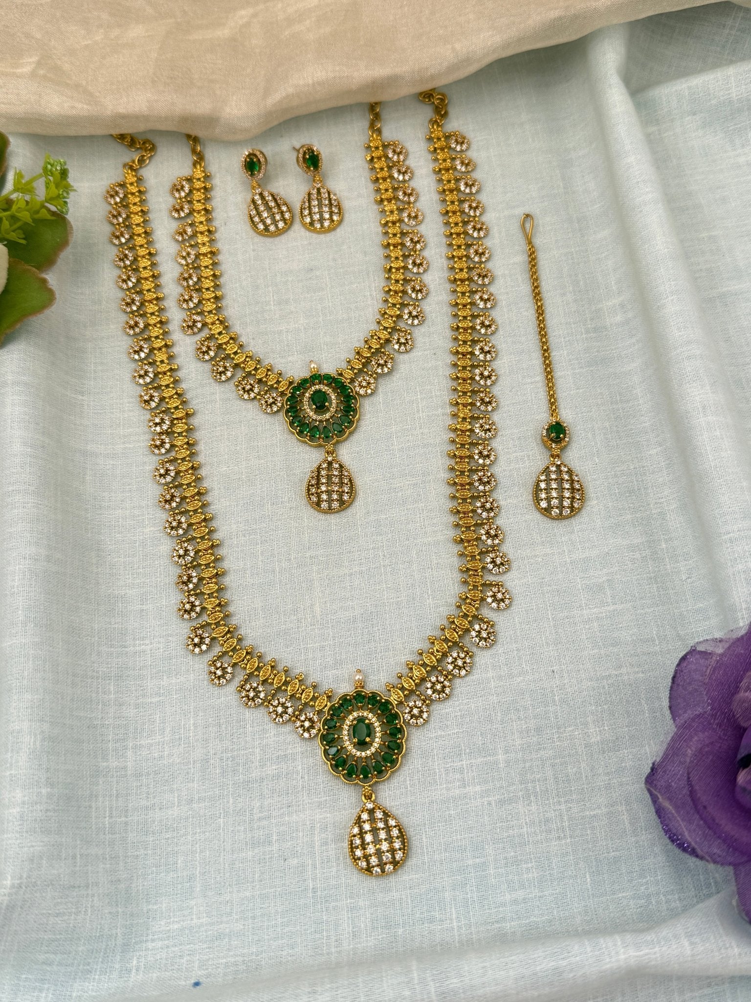 Luxurious Antique Stone Semi Bridal Necklace Set 0669 - Mahilas