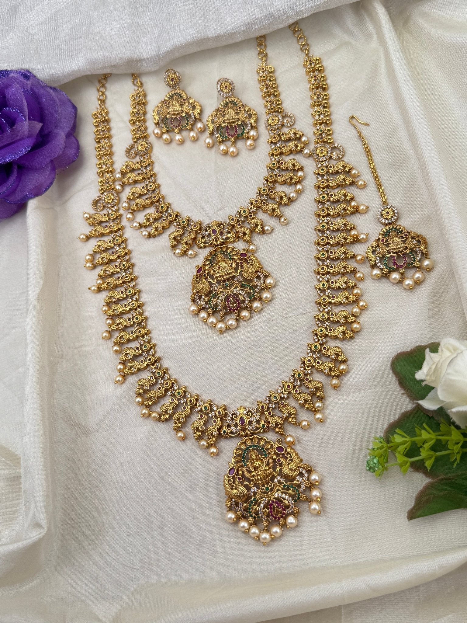 Luxurious Antique Stone Semi Bridal Necklace Set 0685 - Mahilas