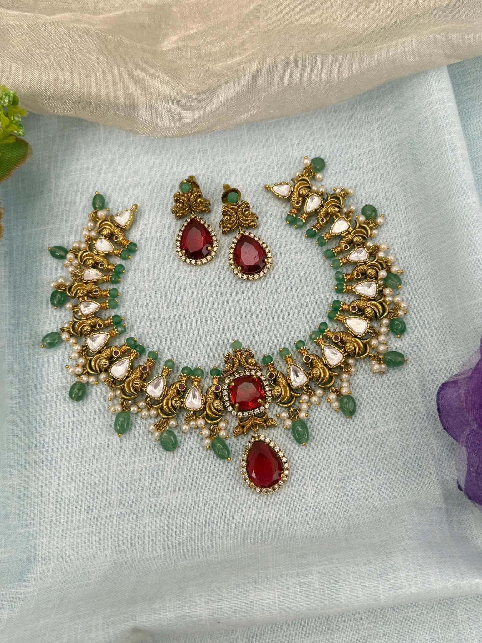 Luxurious Antique Stone Short Necklace Set 0638 - Mahilas