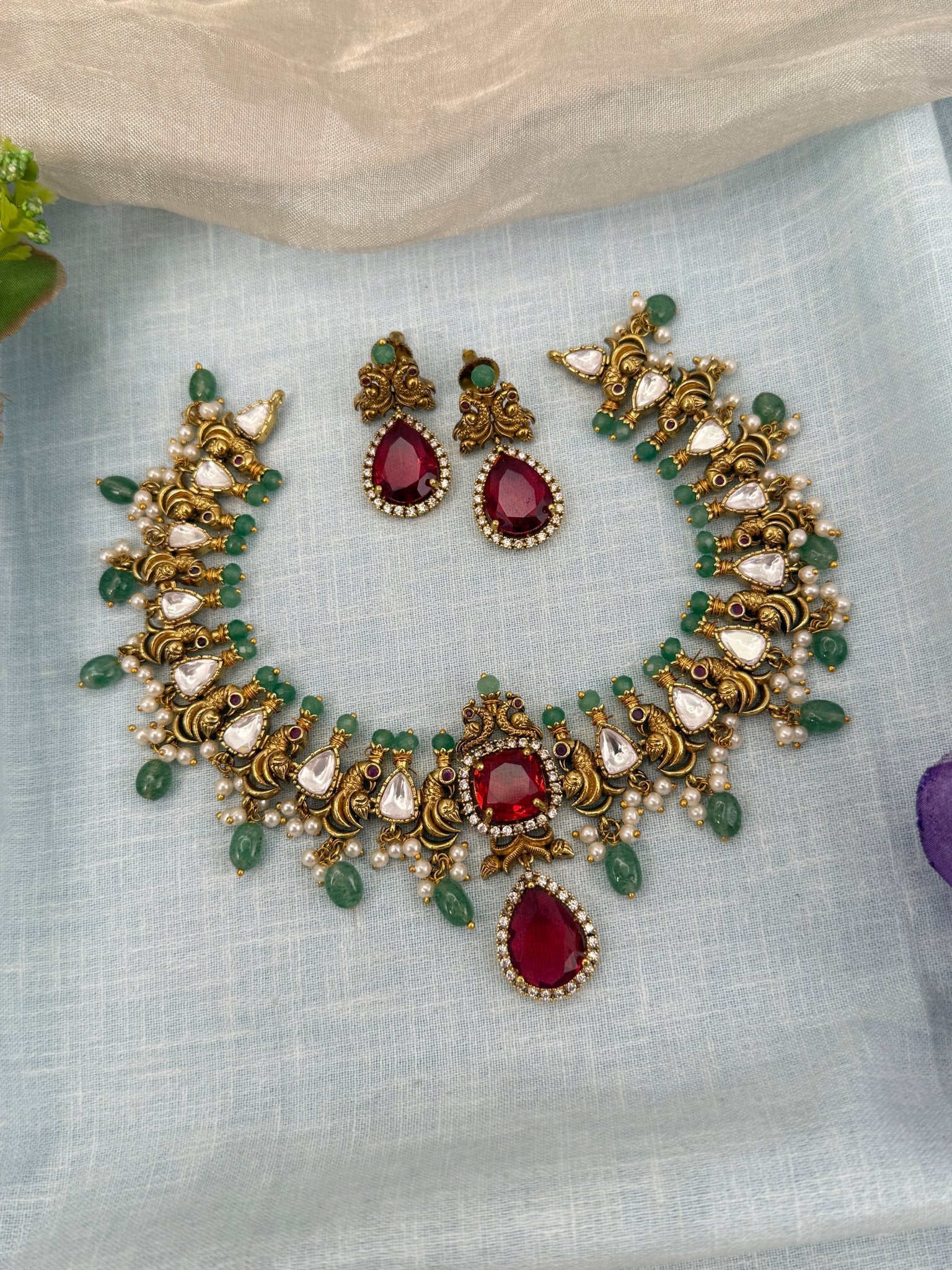 Luxurious Antique Stone Short Necklace Set 0638 - Mahilas