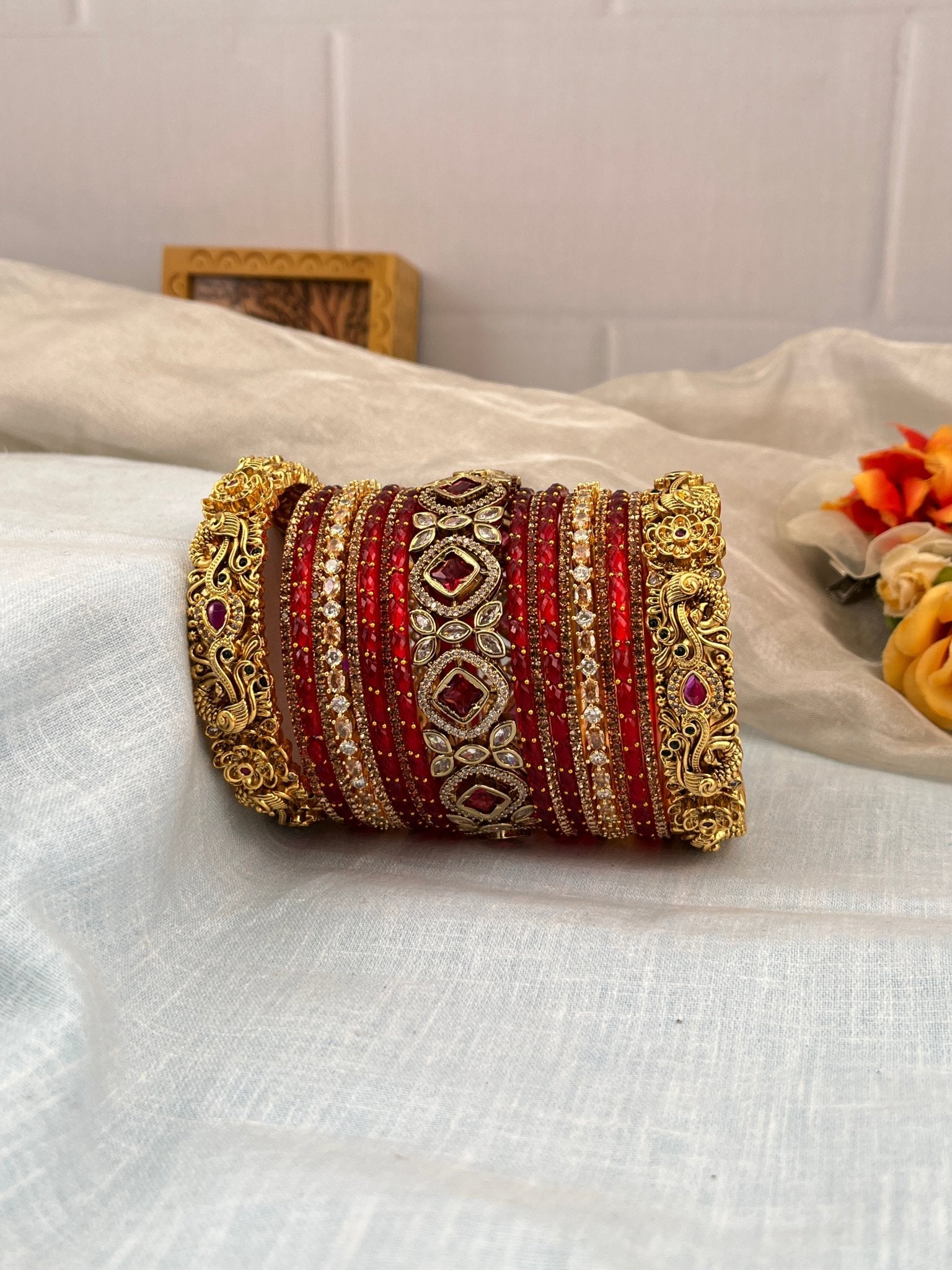 Luxurious Antique & Victorian Red and Gold Glass Bangle Set 5196 - Mahilas