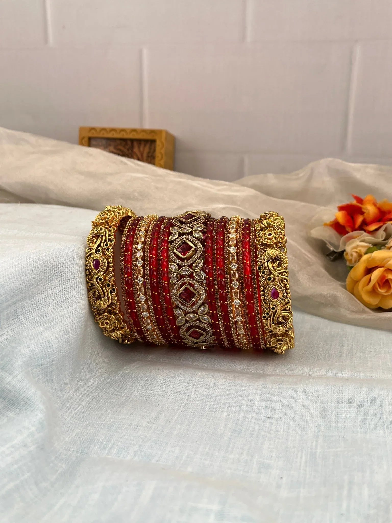 Luxurious Antique & Victorian Red and Gold Glass Bangle Set 5196 - Mahilas