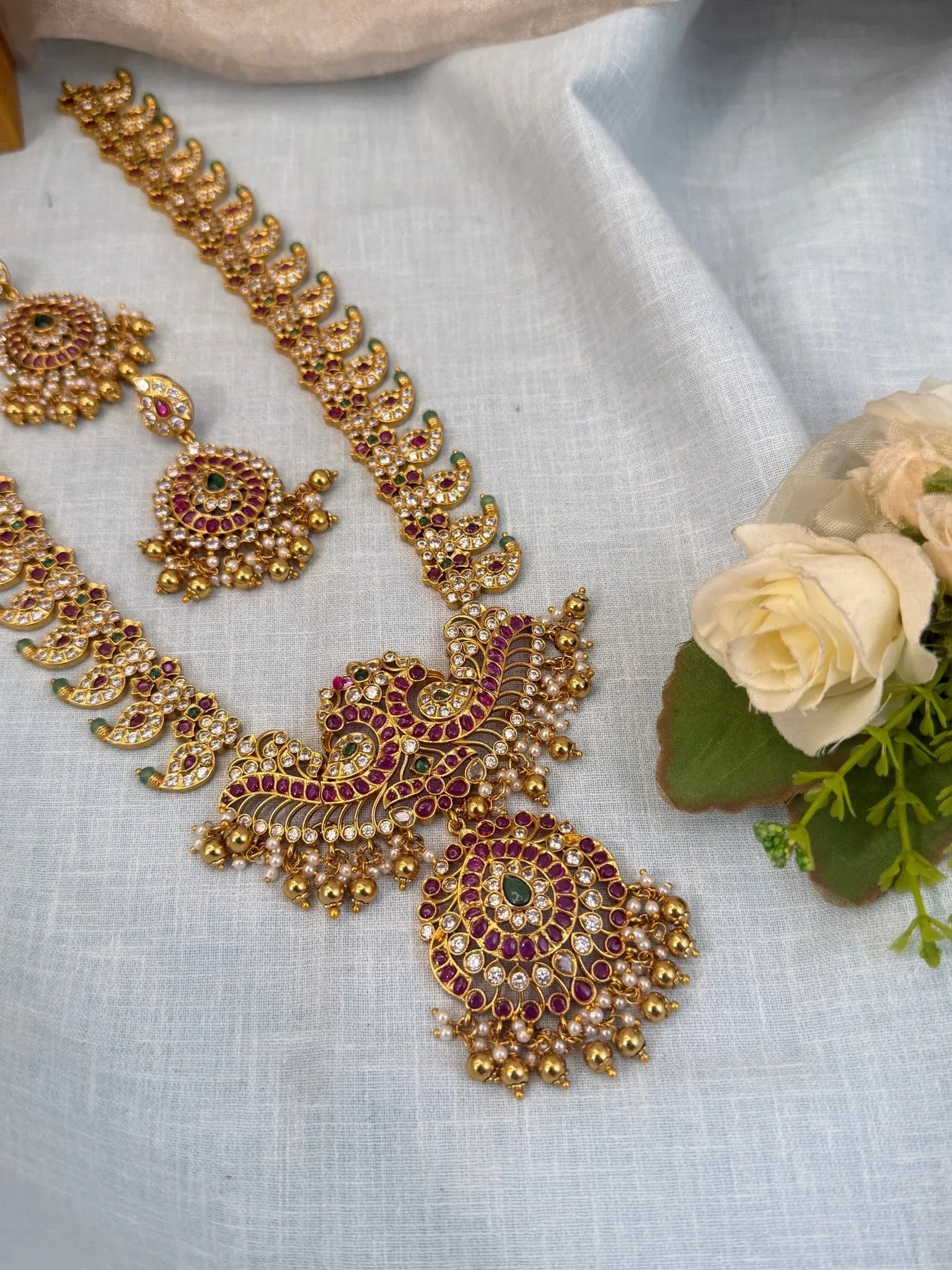 Luxurious Antique White Stone Mango Long Necklace Set 876 - Mahilas