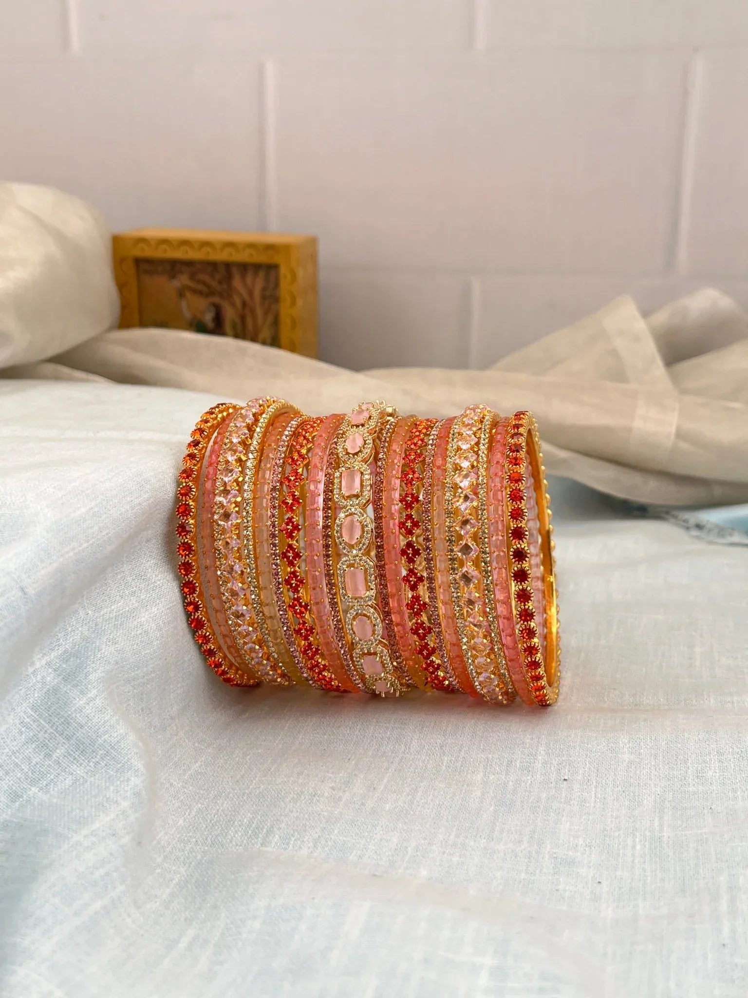 Luxurious Baby Pink & Orange Glass & Stone Bangle Set 5199 - Mahilas