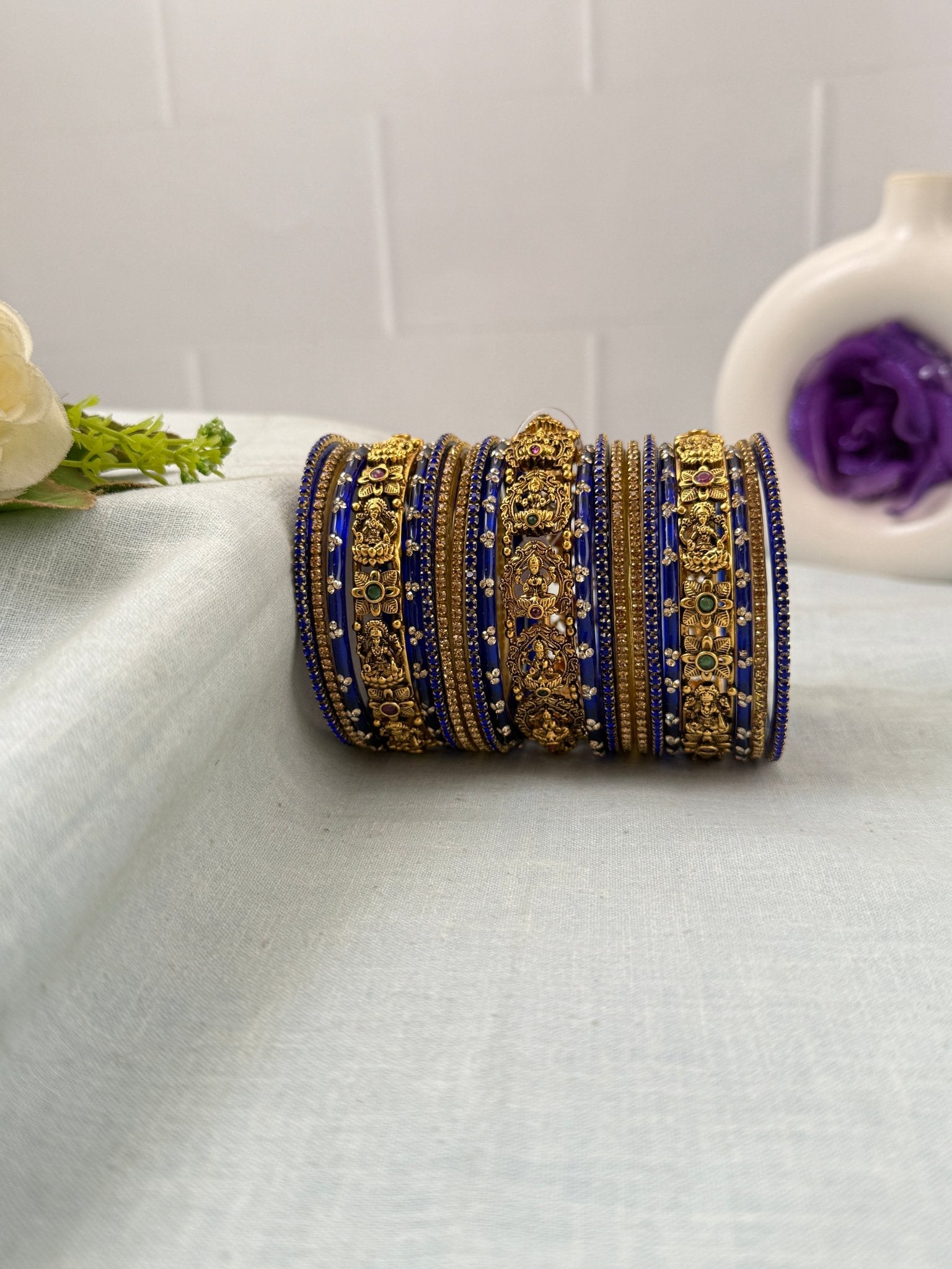 Luxurious Blue & Gold Glass and Antique Bangle Set 5286 - Mahilas