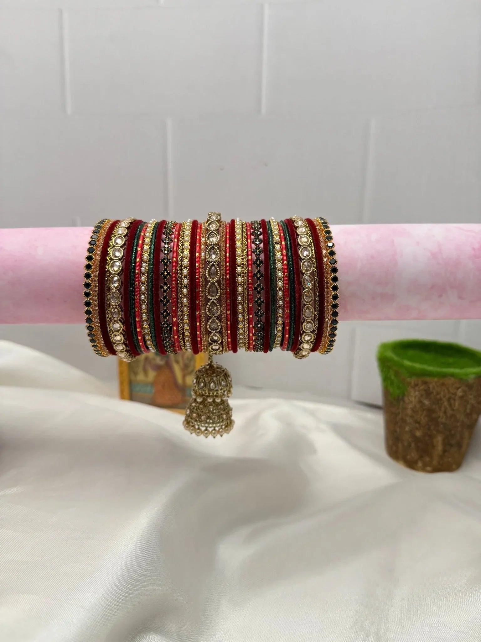 Luxurious Bridal Gold and Maroon with Green Detailing Bangles Set