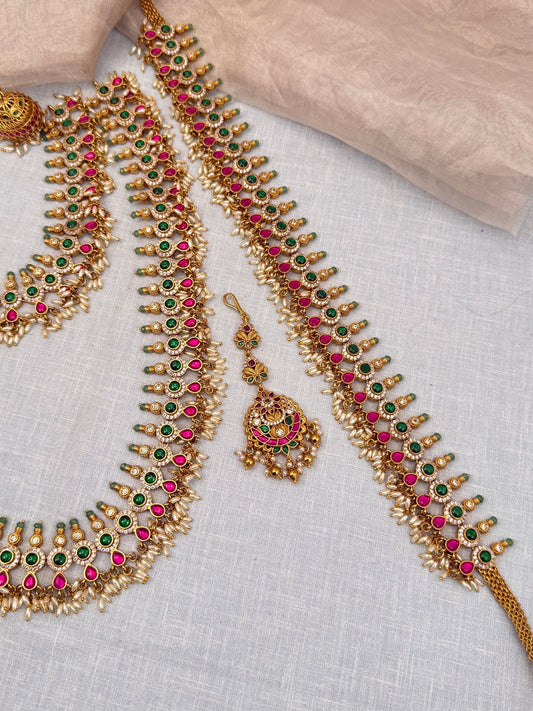 Luxurious Bridal Jadau Kundan Necklace with Vaddanam Set 559 - Mahilas