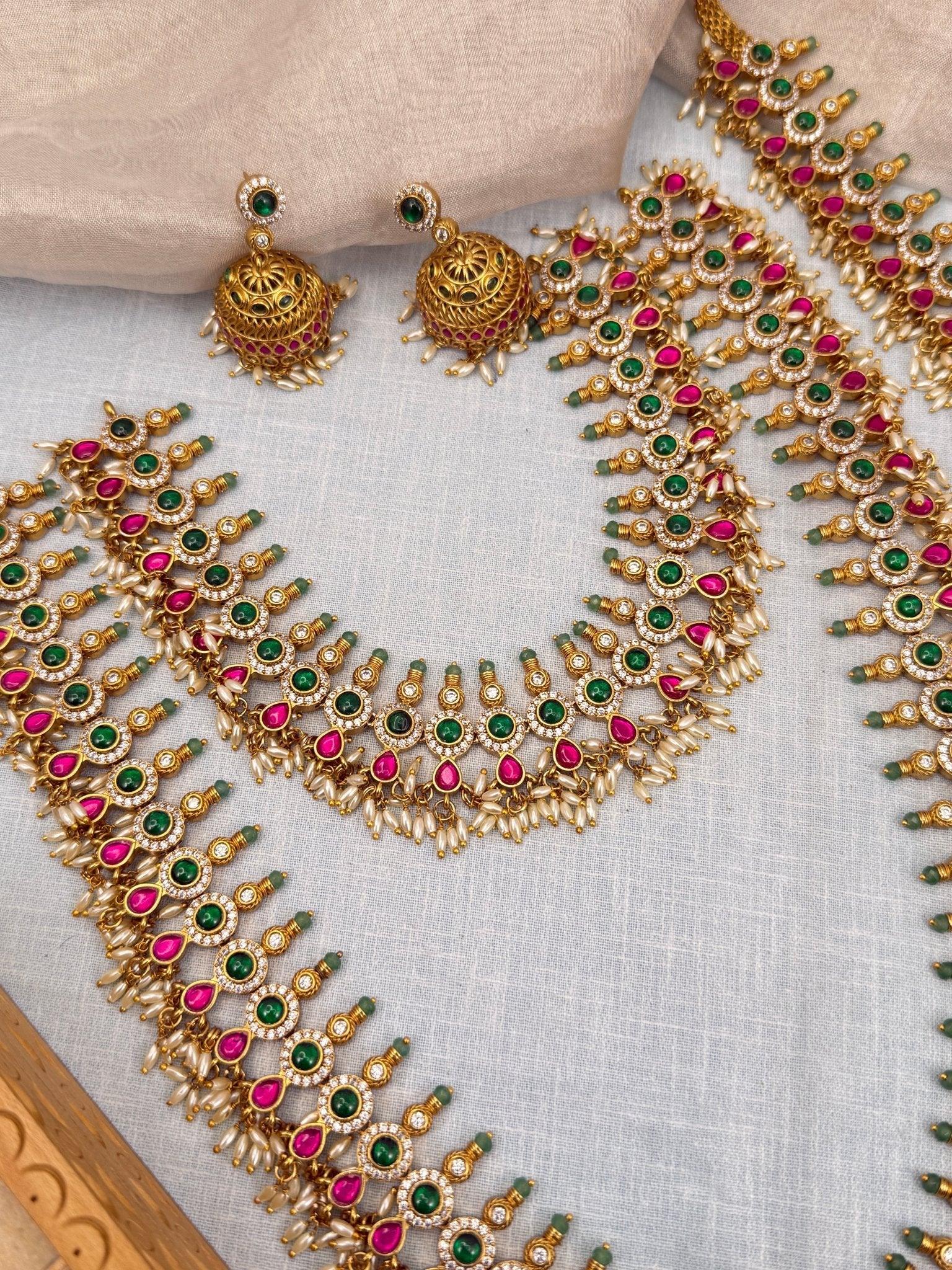 Luxurious Bridal Jadau Kundan Necklace with Vaddanam Set 559 - Mahilas