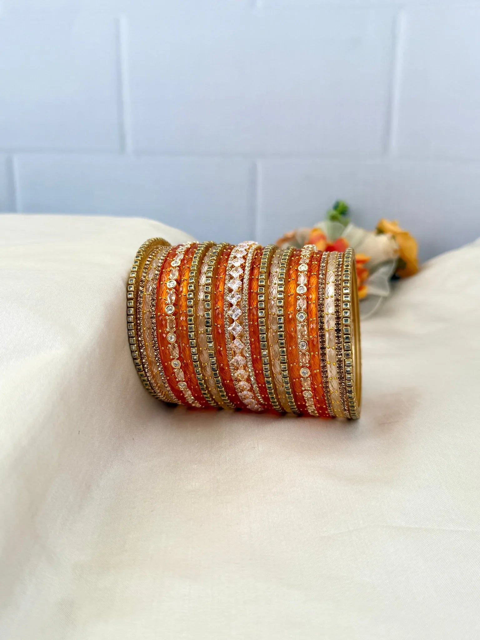 Luxurious Cream & Haldi Orange Glass and Stone Bangle Set - 5212 - Mahilas