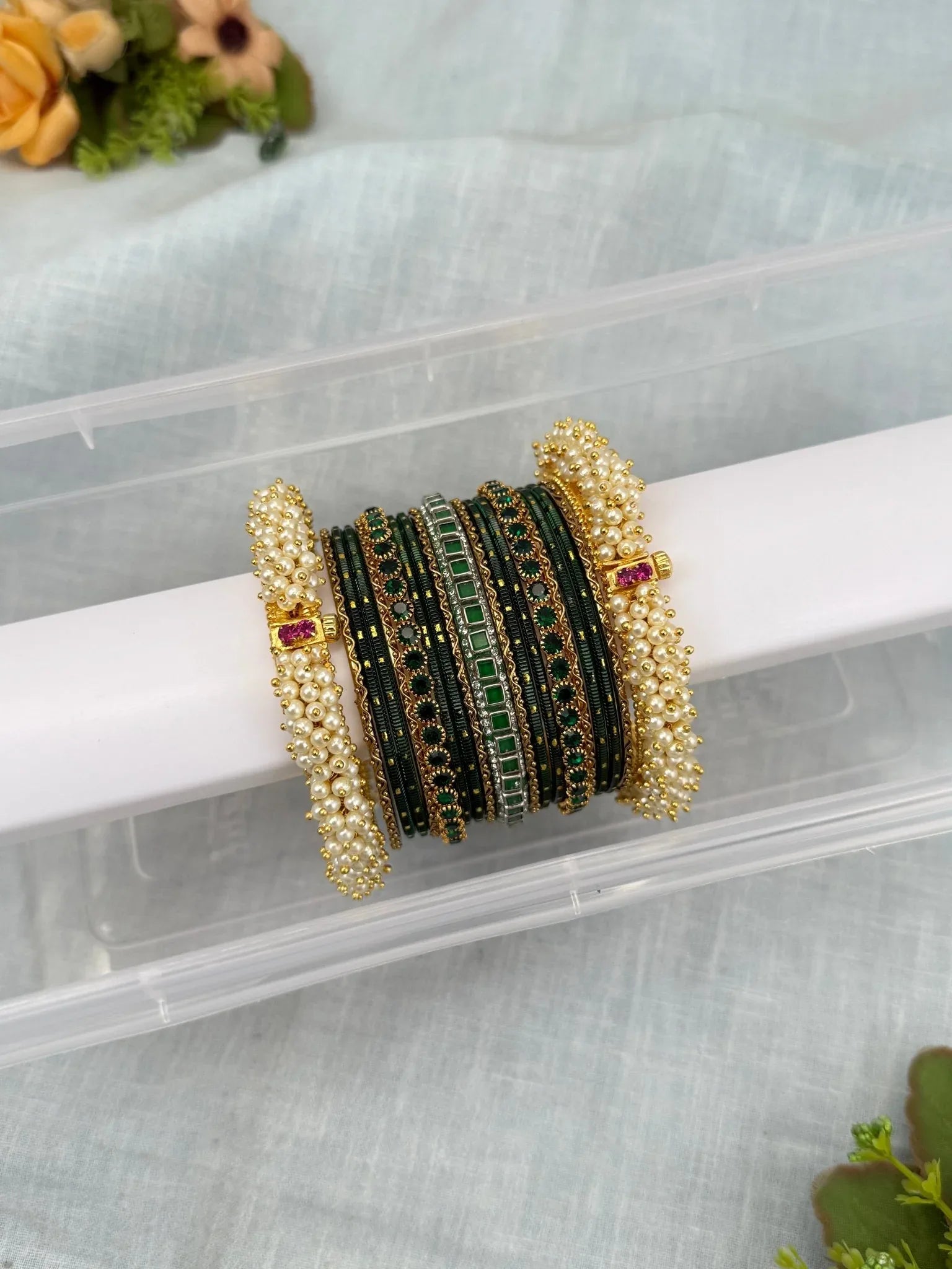Luxurious Elegant Pearl Metal & Stone Bangle Set in 4 Colors - 5258 - Mahilas