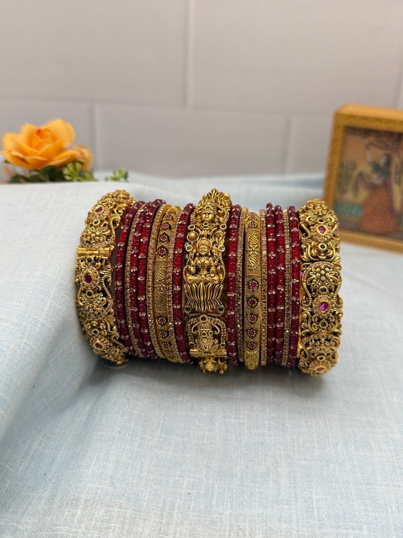 Luxurious Glass & Antique Bridal Bangle Set in 9 Color options - 5176 - Mahilas