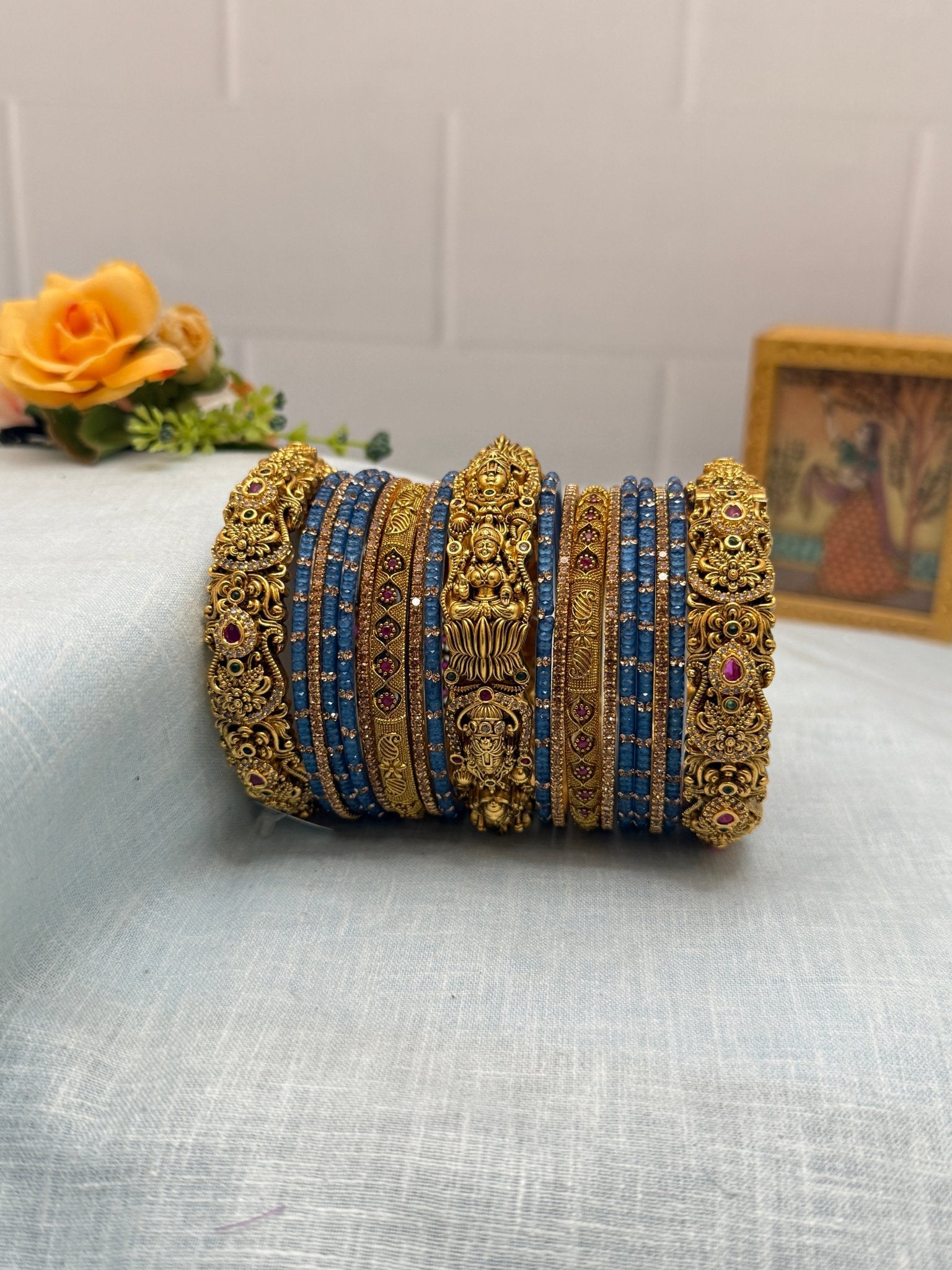 Luxurious Glass & Antique Bridal Bangle Set in 9 Color options - 5176 - Mahilas