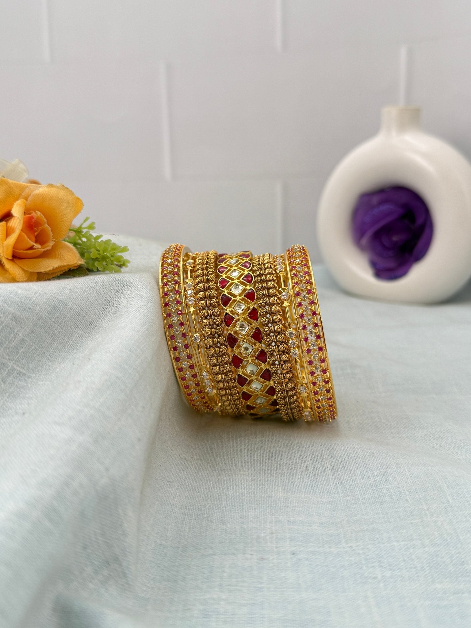Luxurious Gold Like Jadau Kundan Antique Bridal Bangle Set 5293 - Mahilas
