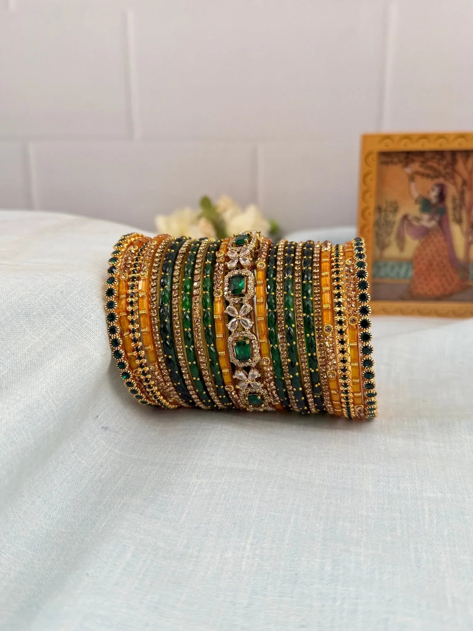 Luxurious Green and Haldi Victorian & Glass Bangle Set - 5224 - Mahilas