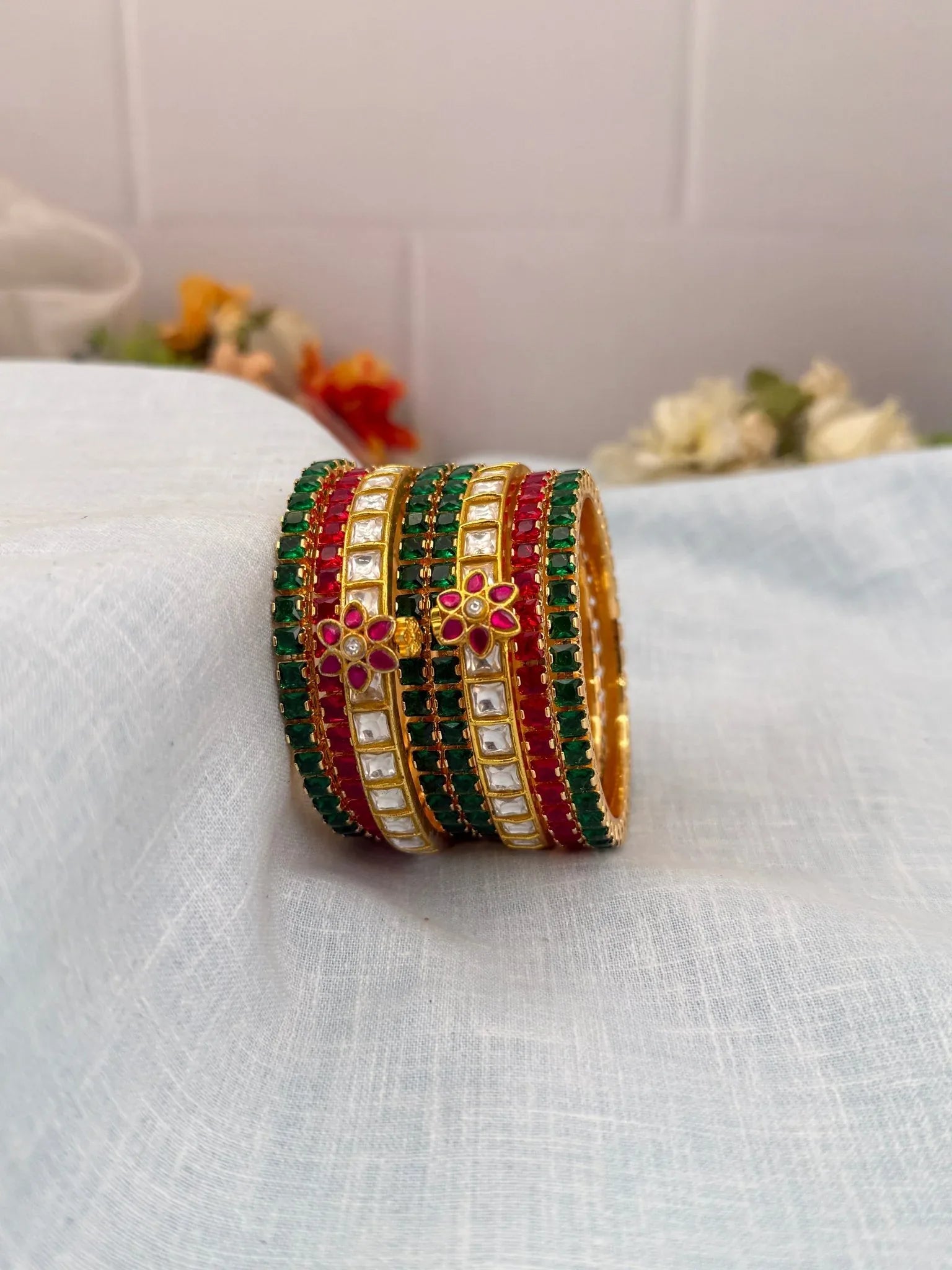 Luxurious Green and Red Stone with 2 White Jadau Kundan Bangle Set - 5228 - Mahilas