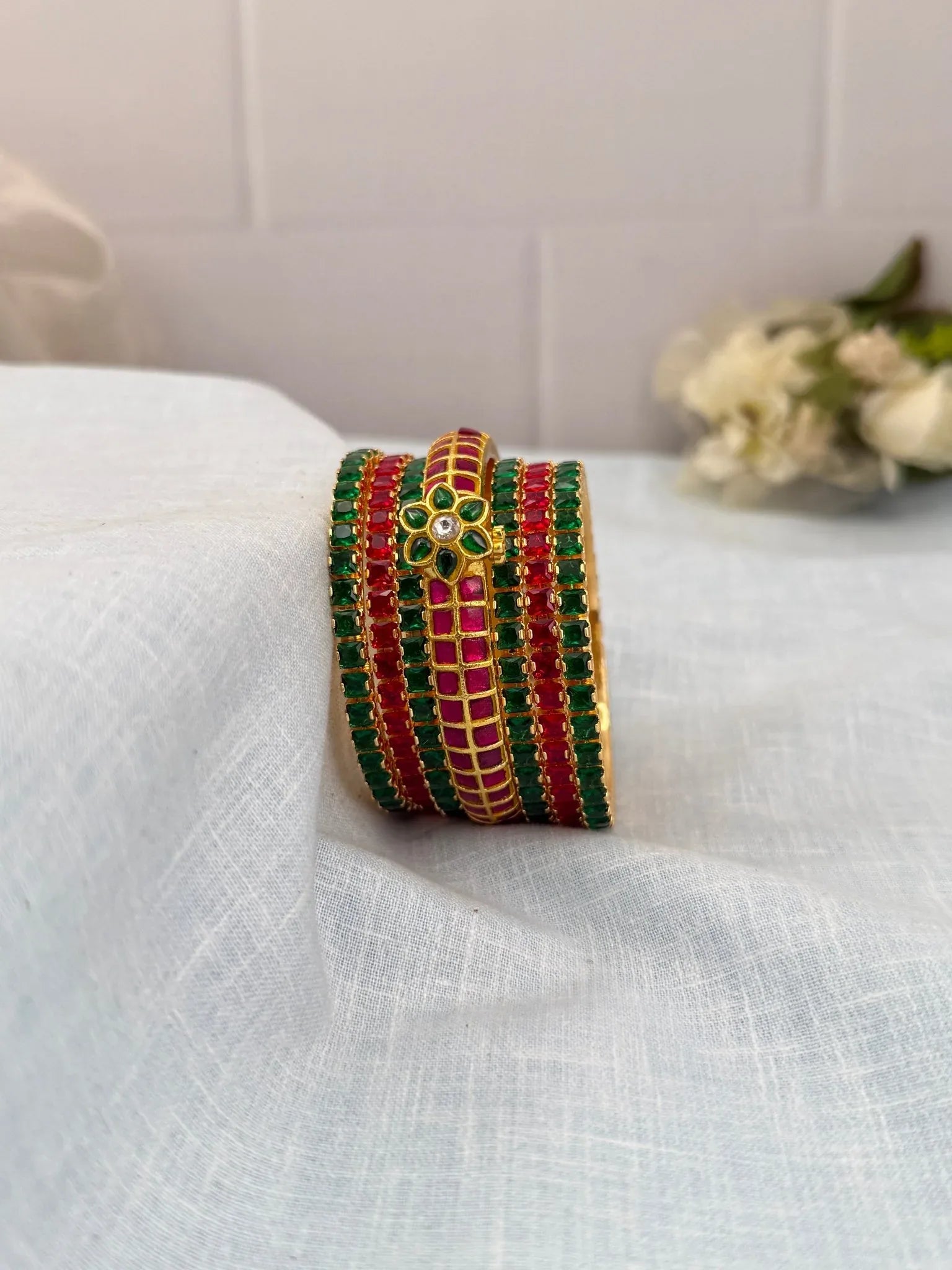 Luxurious Green and Red Stone with Ruby Jadau Bangle Set - 5226 - Mahilas