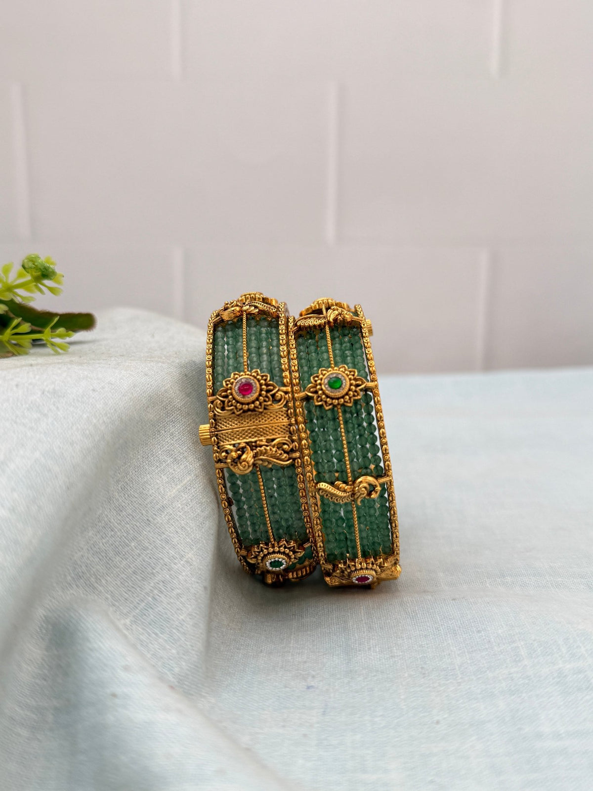 Luxurious Green Beads Kada Antique Bangles | Open Style |B0625 - Mahilas