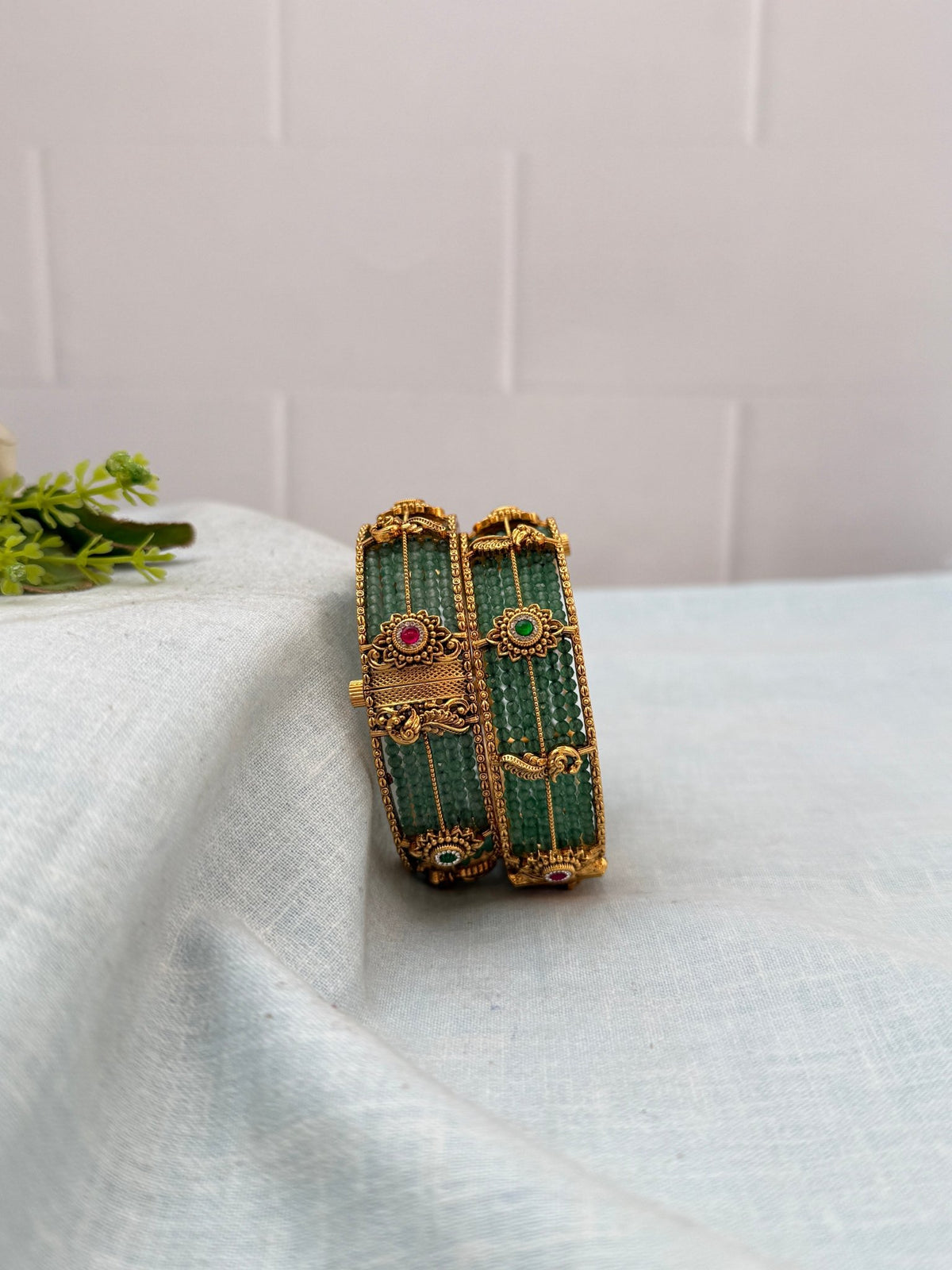 Luxurious Green Beads Kada Antique Bangles | Open Style |B0625 - Mahilas