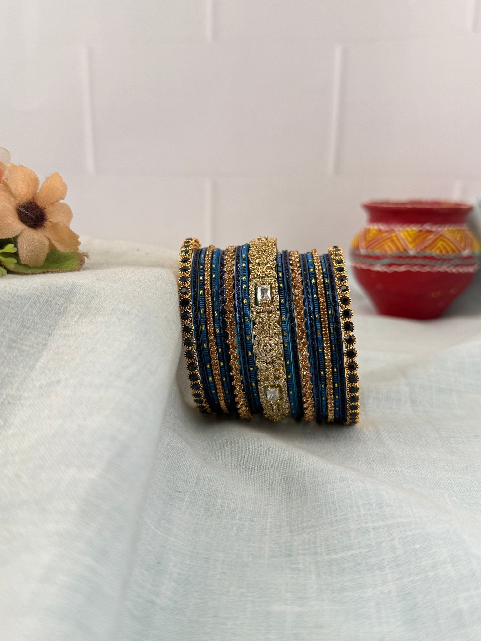 Luxurious Ink Blue & Gold Metal and Stone Bangle Set - 5333 - Mahilas