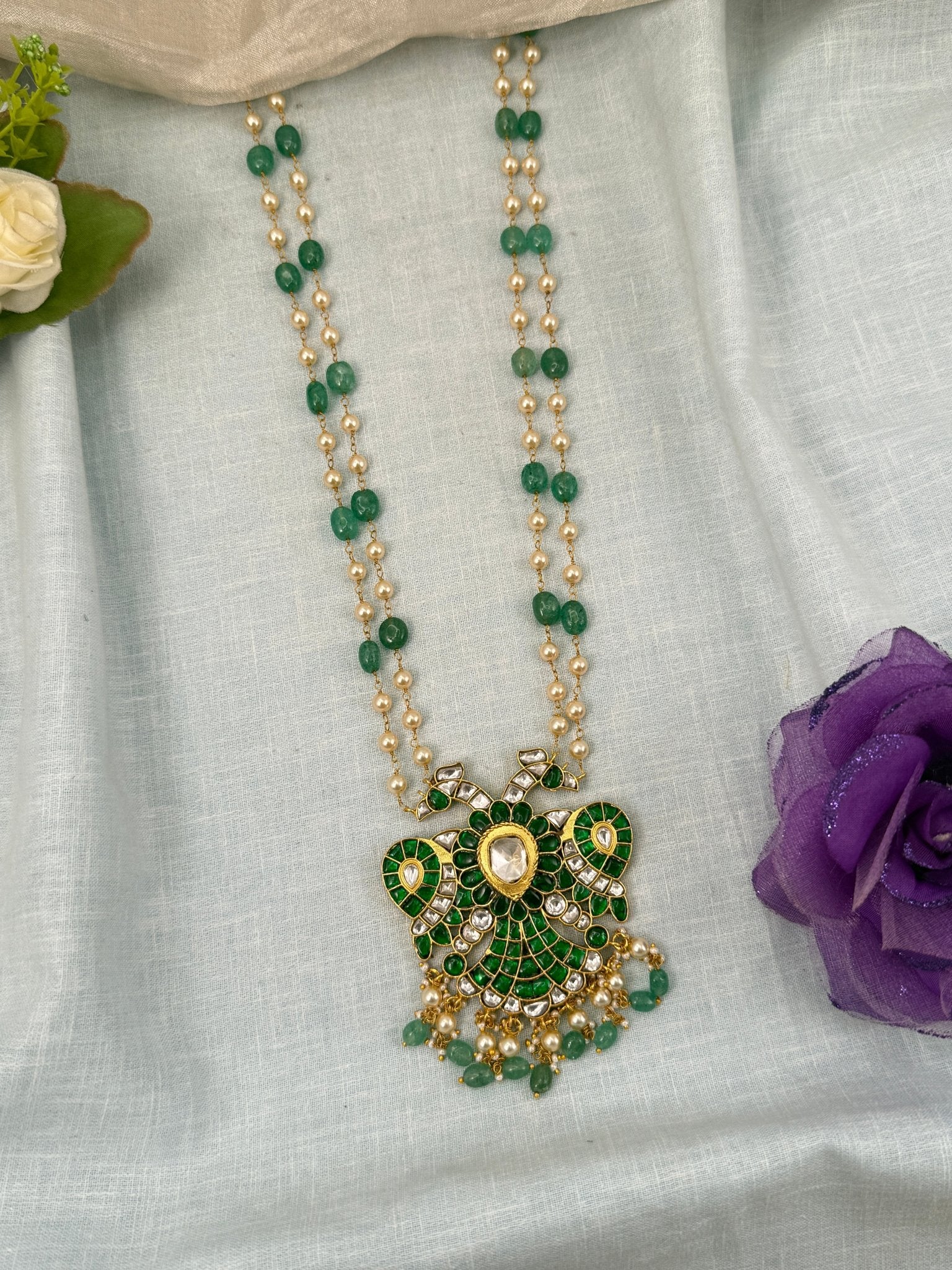 Luxurious Jadau Kundan Gandaberunda Pendant with 2 Layer Pearl Chain 626 - Mahilas