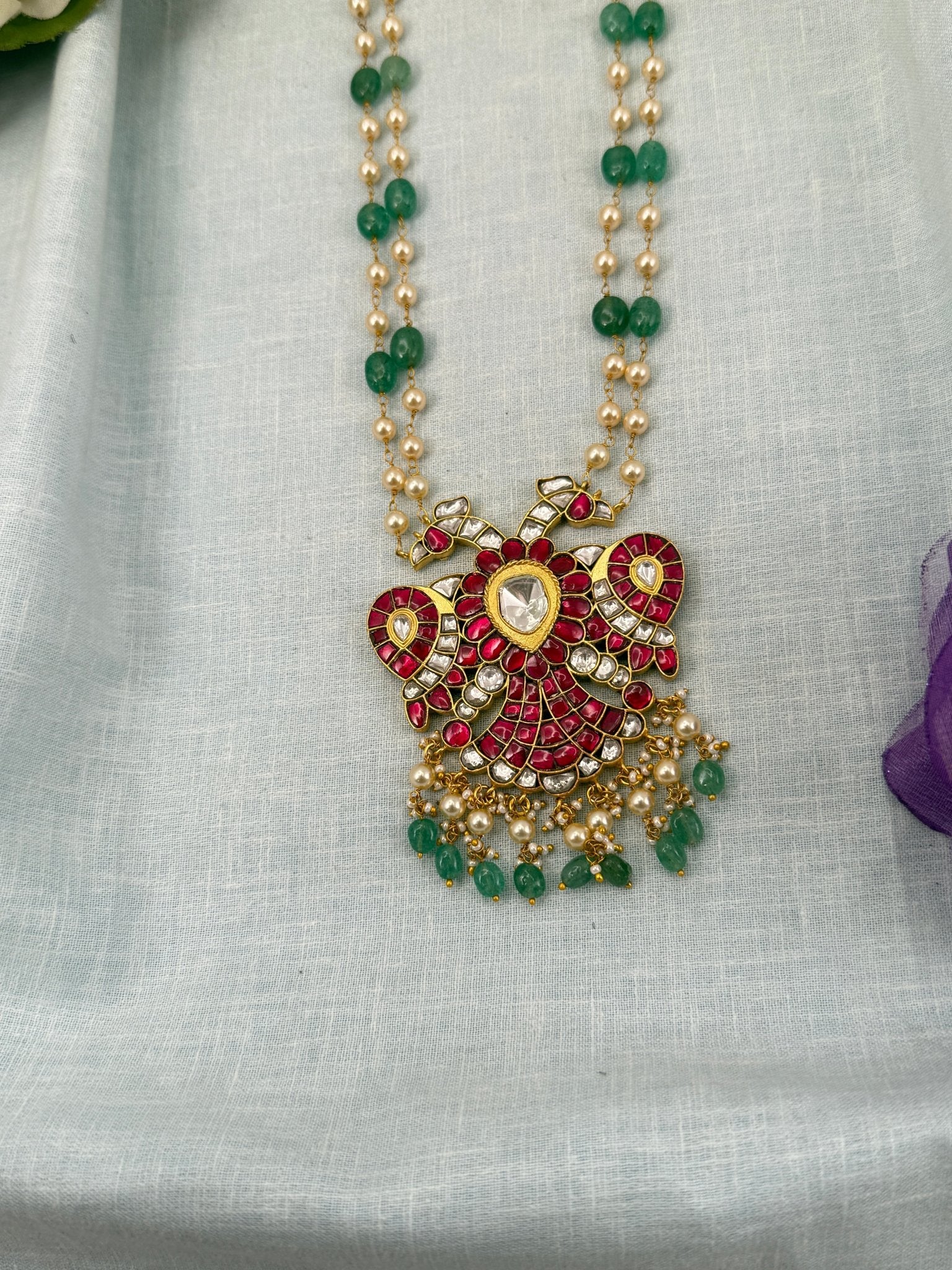 Luxurious Jadau Kundan Gandaberunda Pendant with 2 Layer Pearl Chain 627 - Mahilas