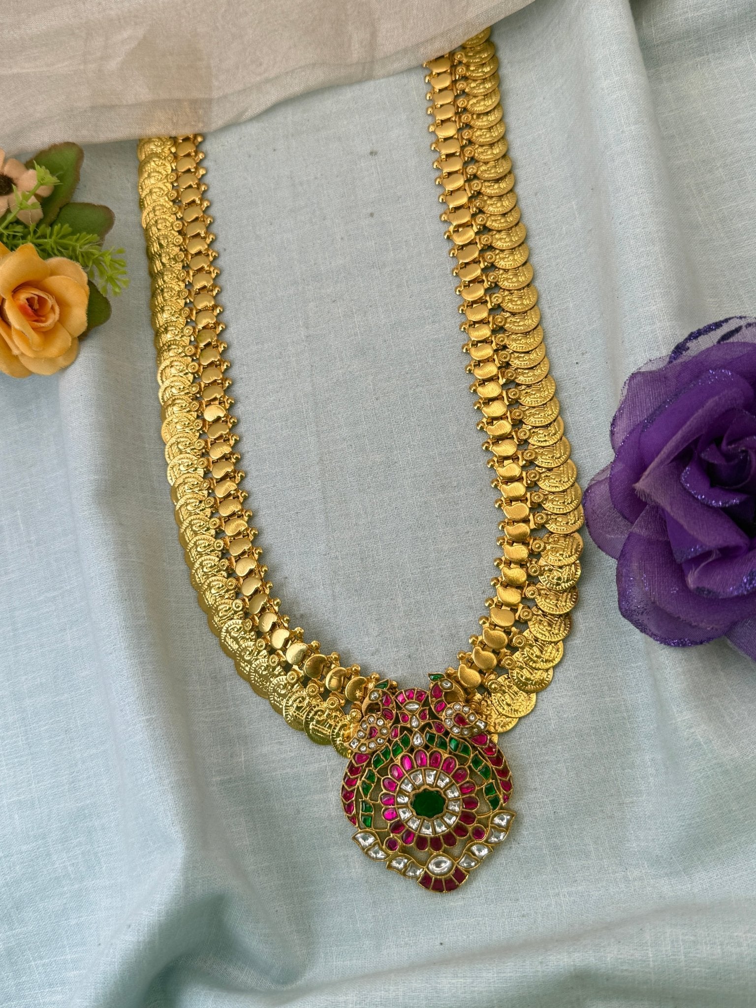 Luxurious Jadau Kundan Kaasu Long Necklace Set 1062 - Mahilas