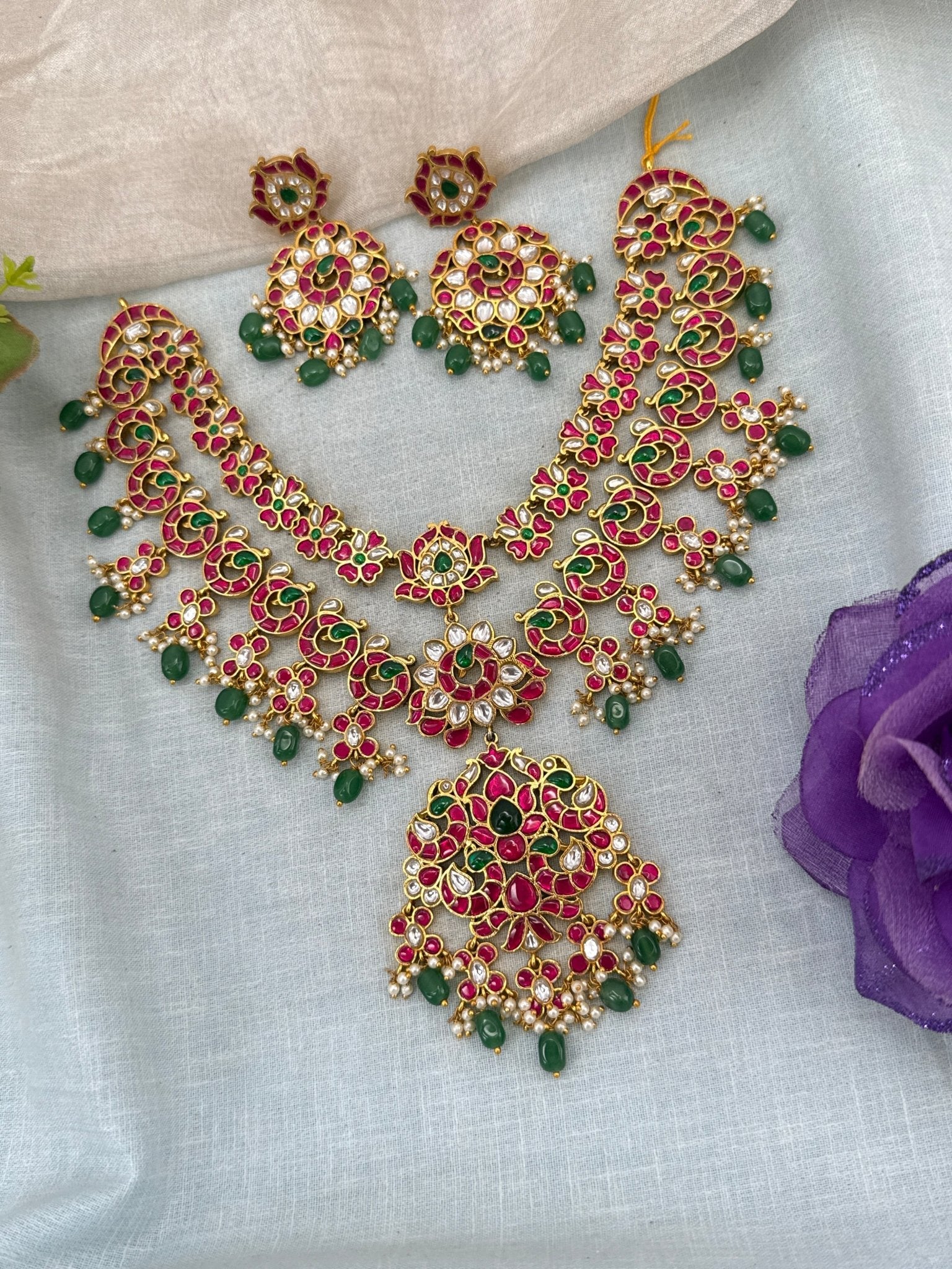 Luxurious Jadau Kundan Layered Mid Long Necklace Set 0991 - Mahilas