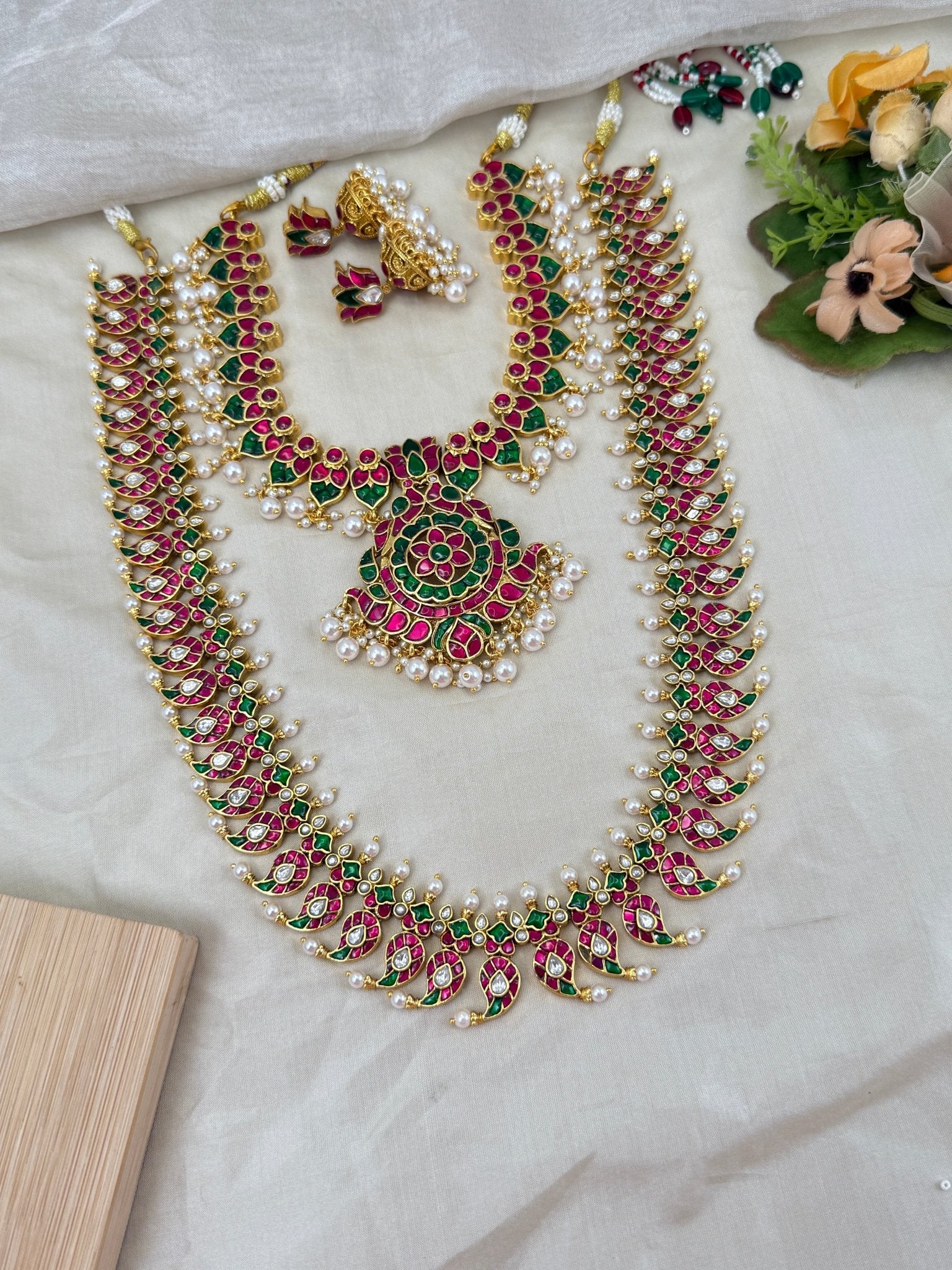 Luxurious Jadau Kundan Mango Bridal Necklace Set 618 - Mahilas