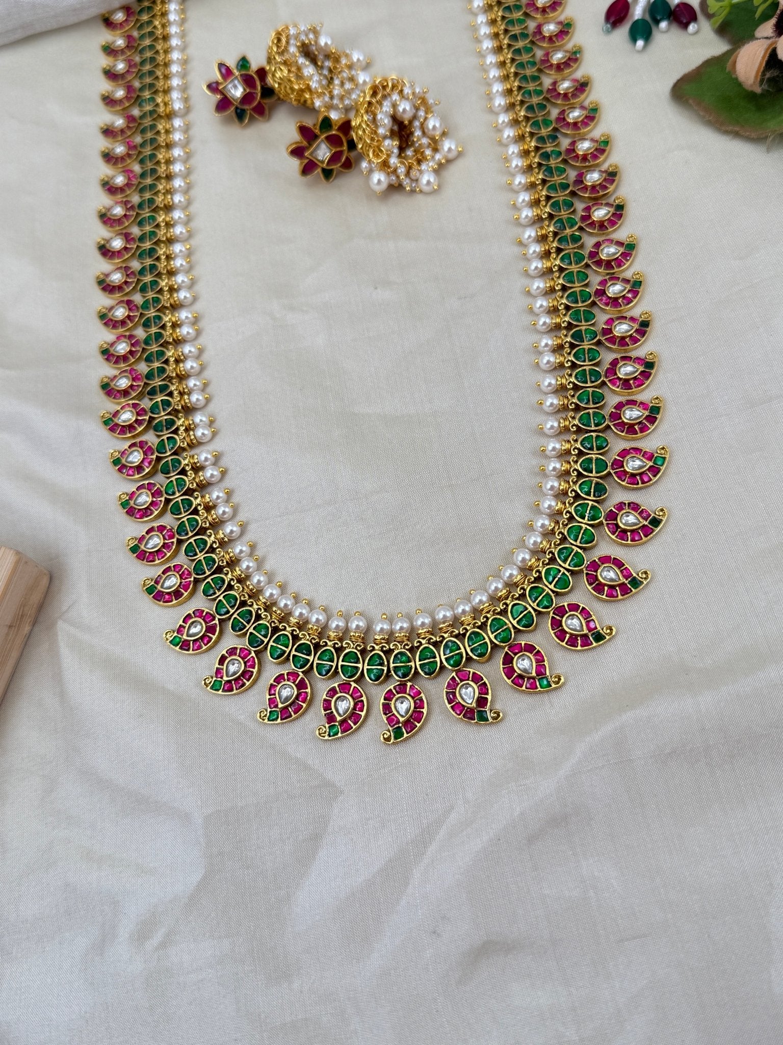 Luxurious Jadau Kundan Mango Long Necklace Set 623 - Mahilas