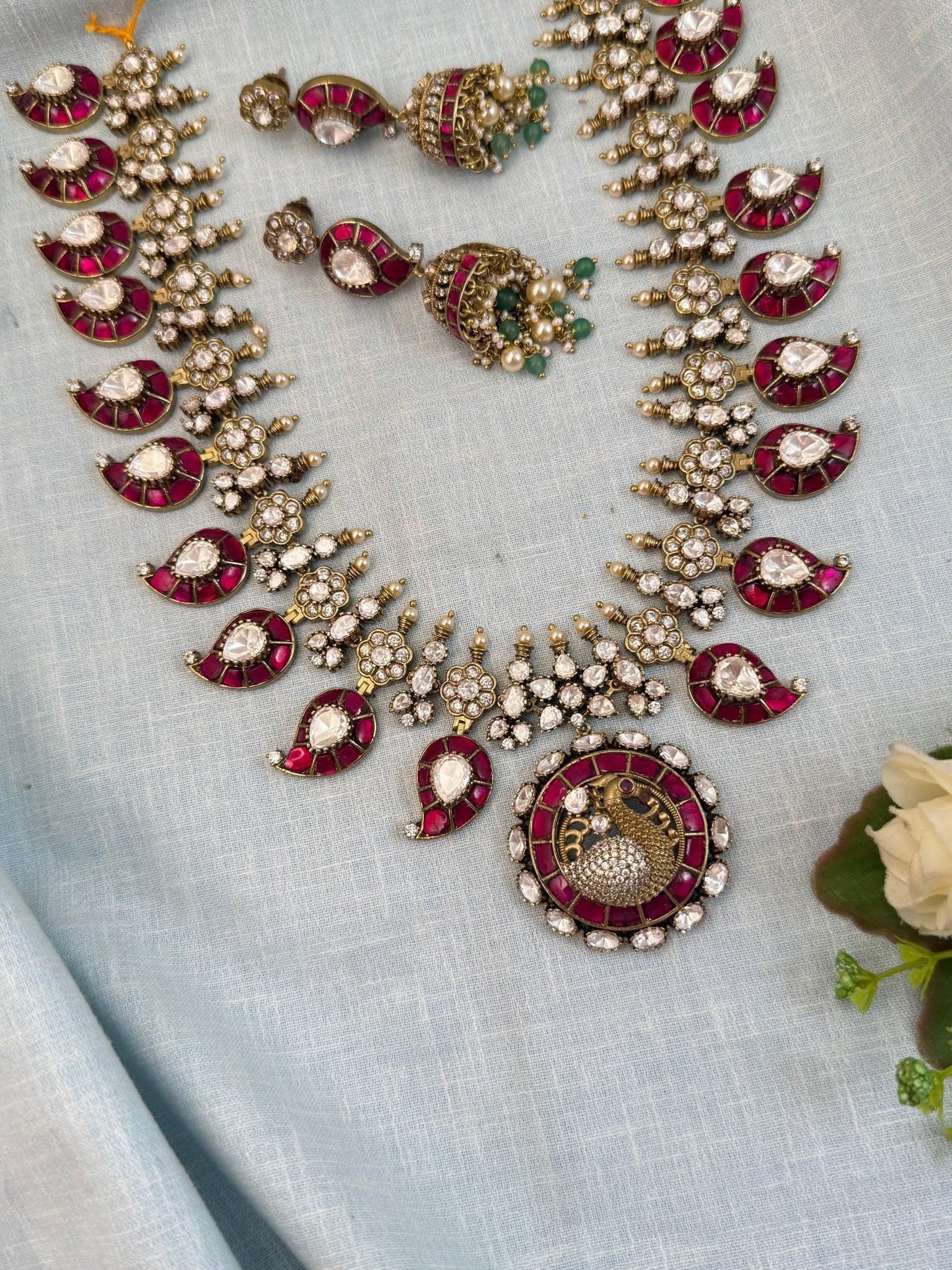 Luxurious Jadau Kundan Peacock Mid Long Necklace Set 570 - Mahilas