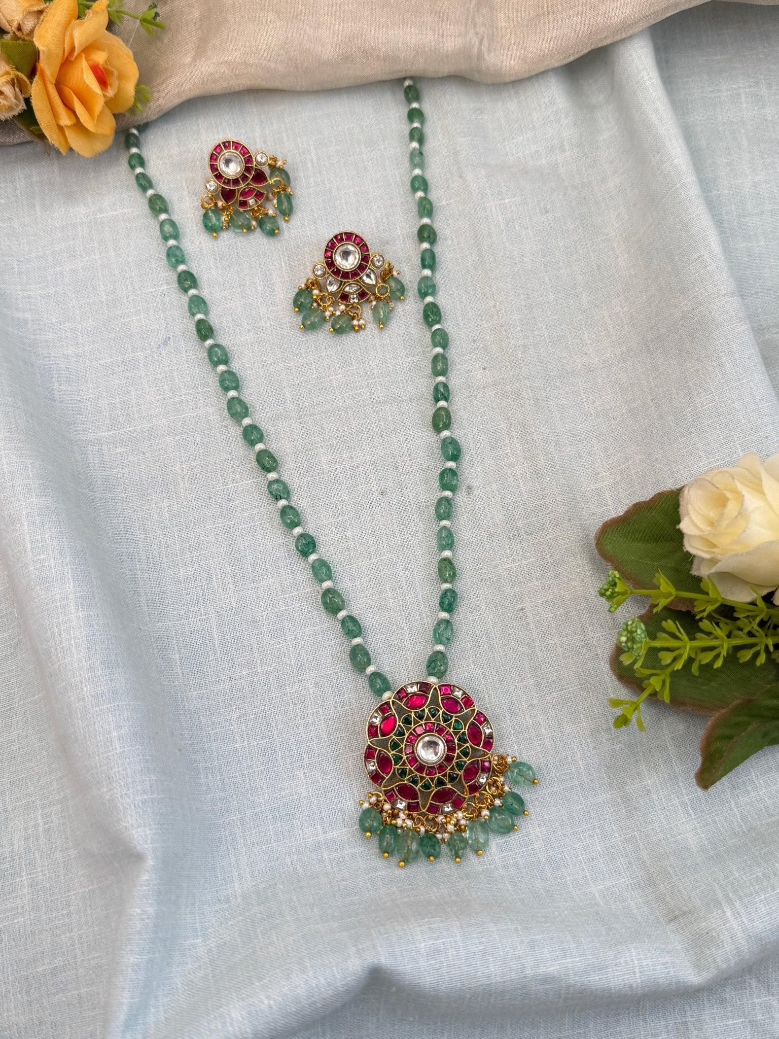 Luxurious Jadau Kundan Pendant Mid Long Necklace Set 574 - Mahilas