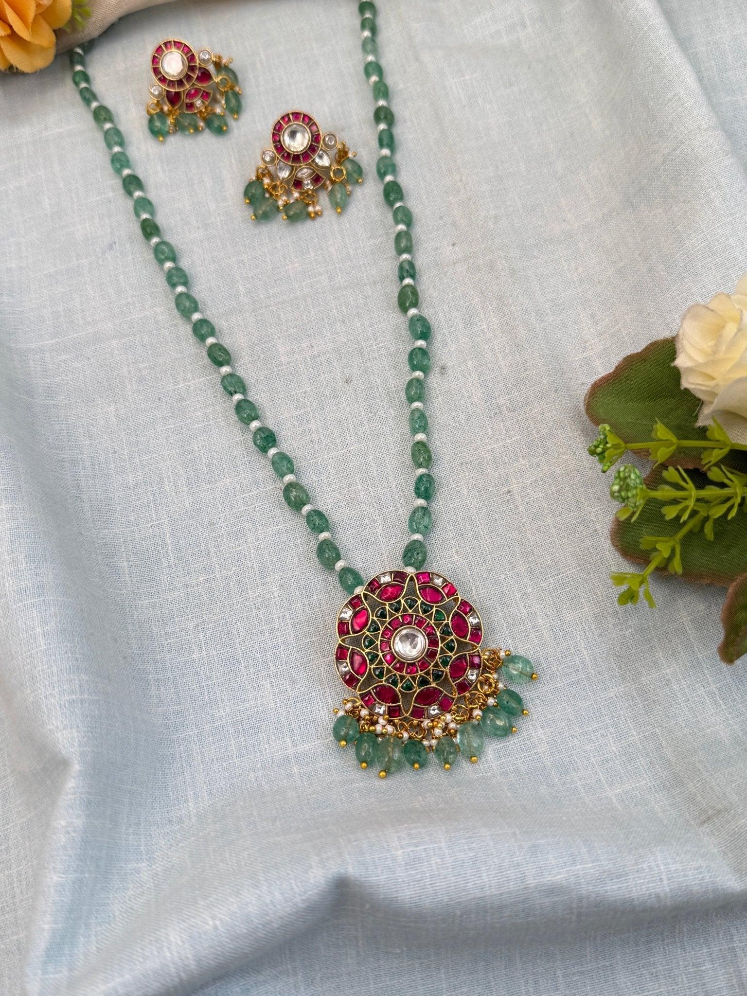 Luxurious Jadau Kundan Pendant Mid Long Necklace Set 574 - Mahilas