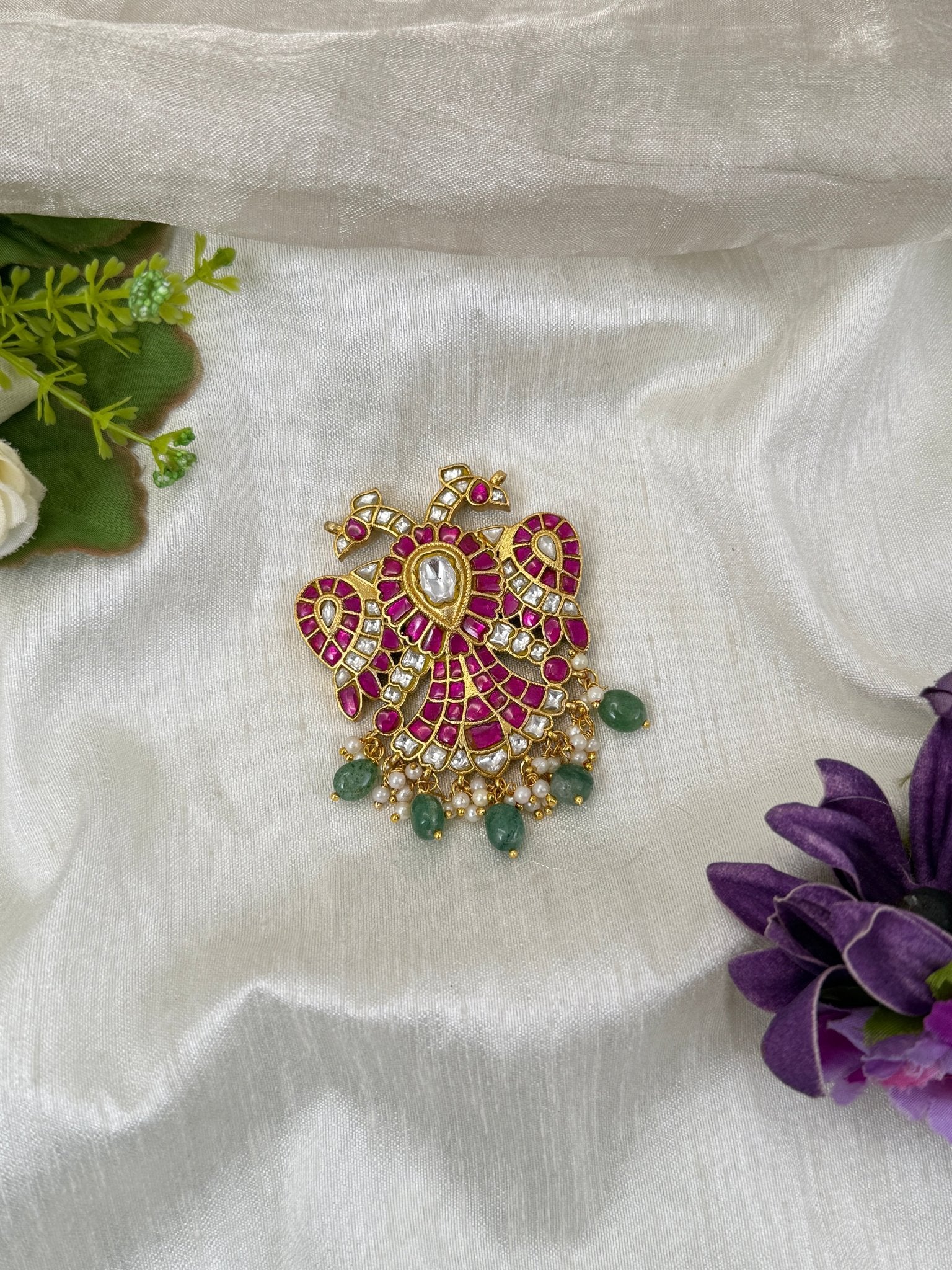 Luxurious Jadau Kundan Reversible Gandaberunda Pendant 7cm 234 - Mahilas
