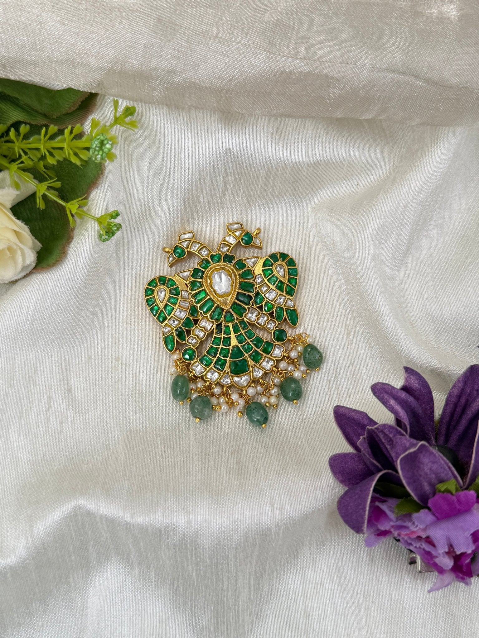 Luxurious Jadau Kundan Reversible Gandaberunda Pendant 7cm 234 - Mahilas
