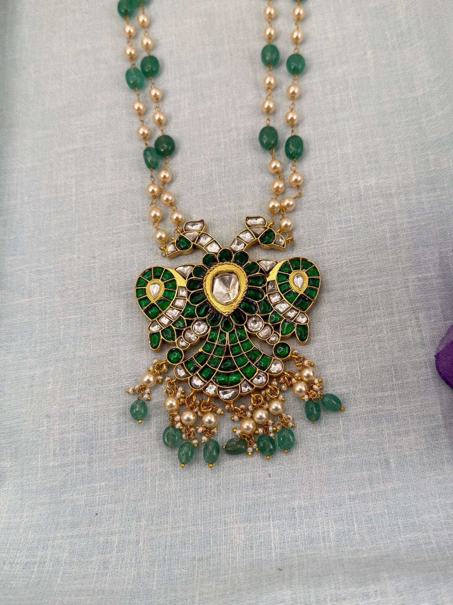 Luxurious Jadau Kundan Reversible Gandaberunda Pendant with 2 Layer Pearl Chain 627 - Mahilas