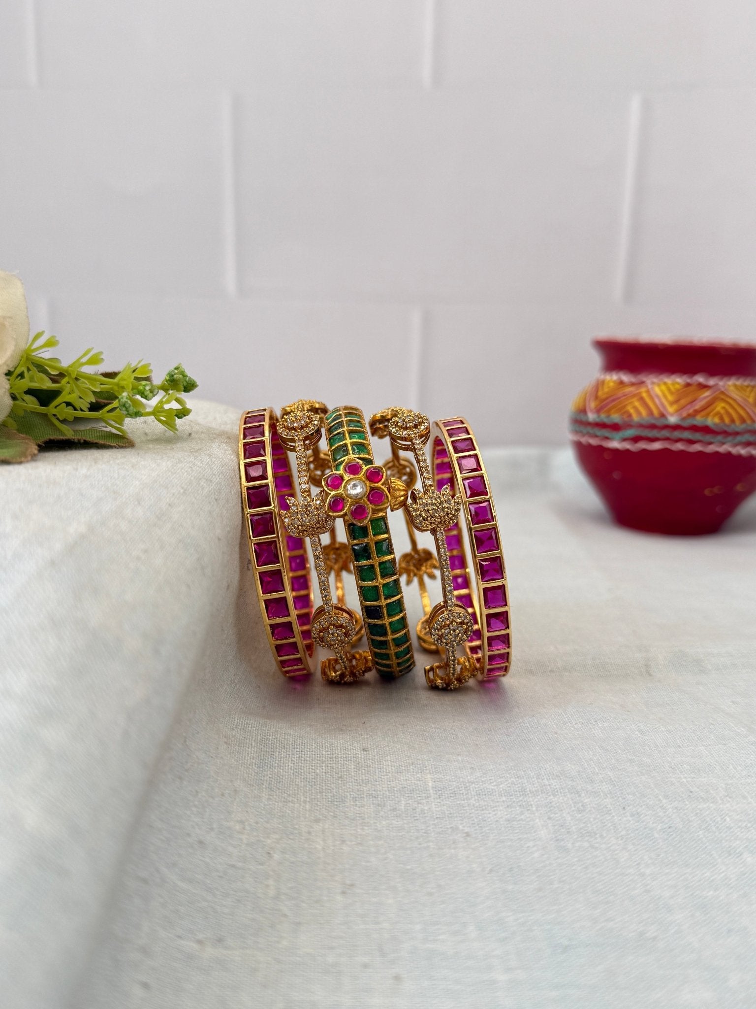 Luxurious Jadau Kundan & Swarna Lotus Stone Bangle Set - 5314 - Mahilas